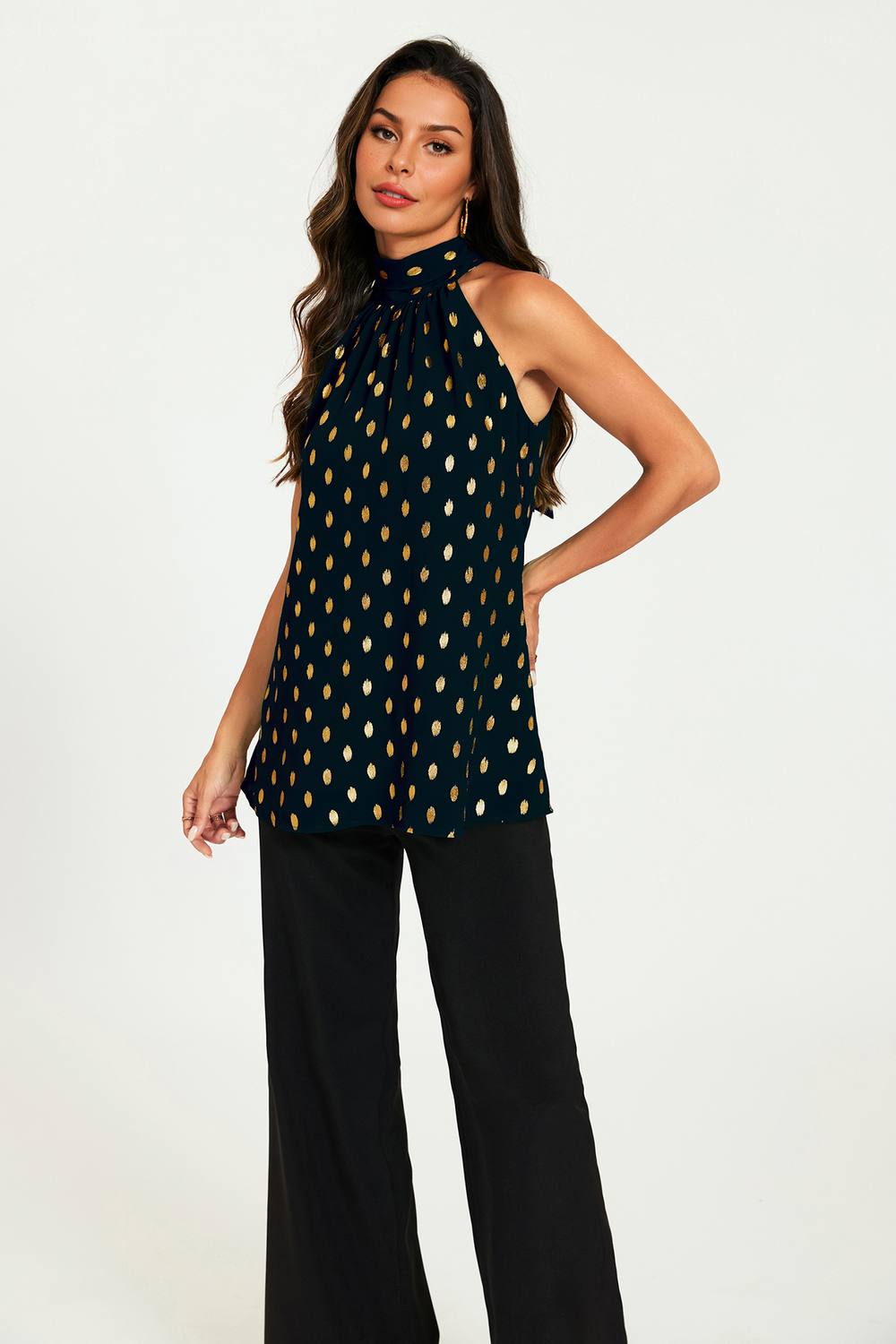 Fs Collection Gold Foil Halter Neck Tie Back Top In Black Fs Collection Gold Foil Halter Neck Tie Back Top In Black