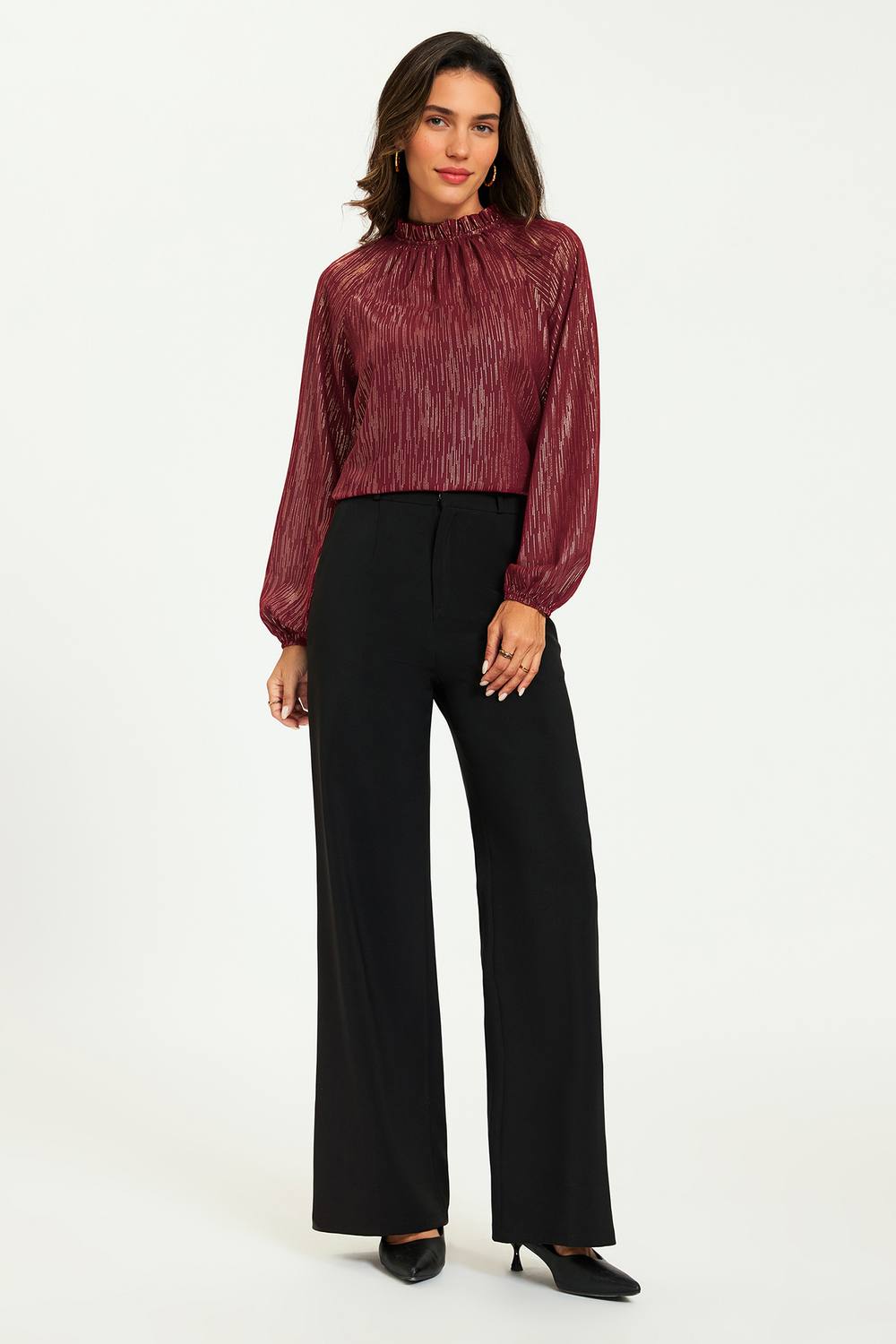 Fs Collection Gold Stripe Foil Long Sleeve Frill High Neck Top In Wine Fs Collection Gold Stripe Foil Long Sleeve Frill High Neck Top In Wine