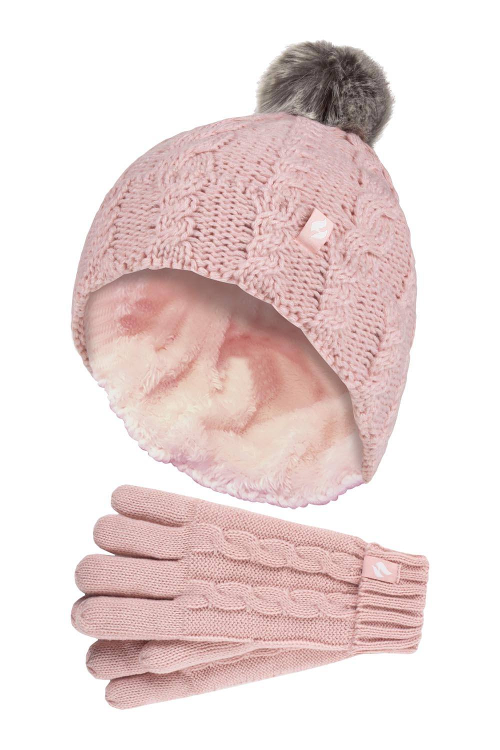 Heat Holders Cable Knit Bobble Pom Pom Thermal Hat & Gloves Set In Pink Heat Holders Cable Knit Bobble Pom Pom Thermal Hat & Gloves Set In Pink