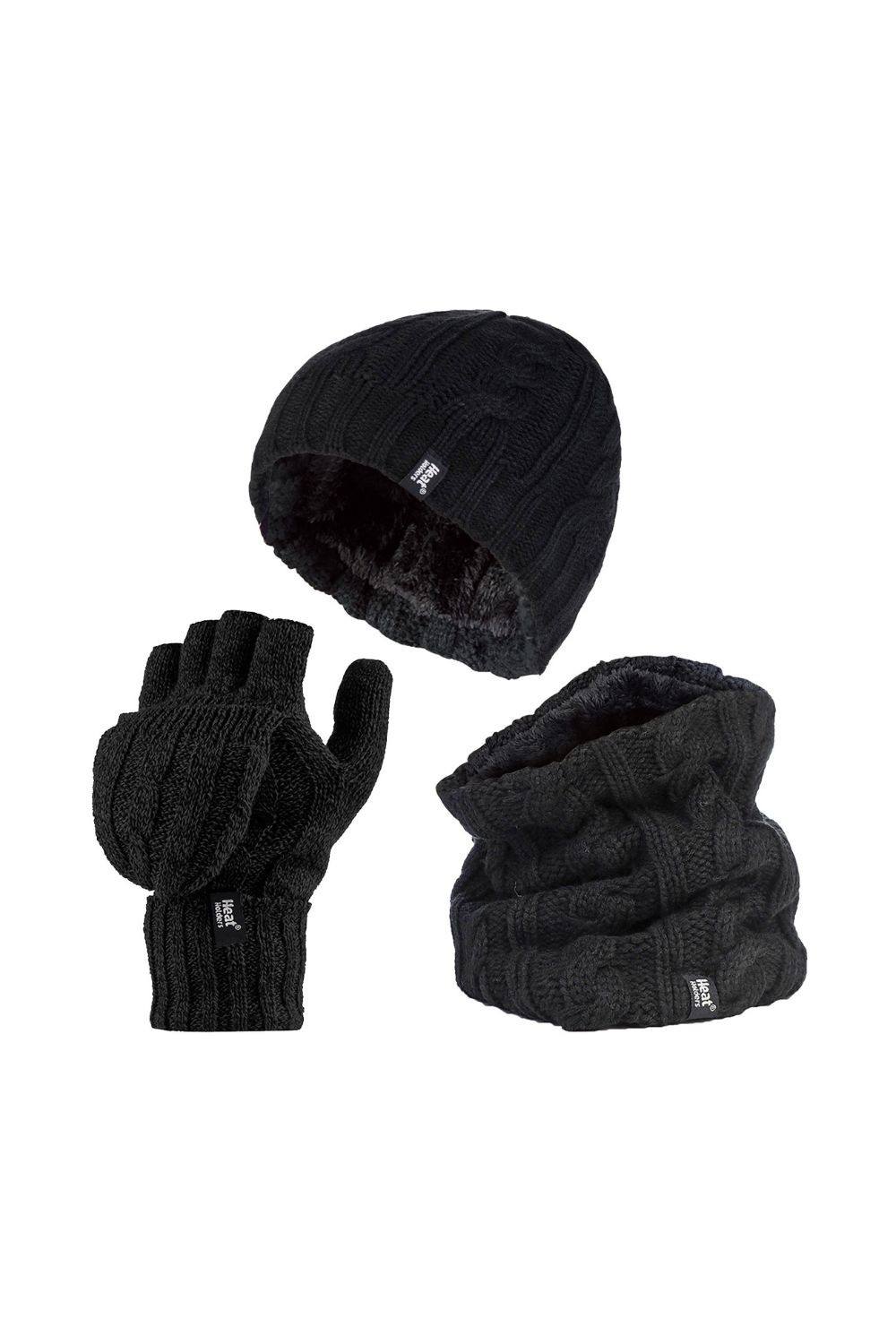 Heat Holders Fleece Lined Thermal Winter Hat, Neck Warmer & Converter Gloves Set In Black Heat Holders Fleece Lined Thermal Winter Hat, Neck Warmer & Converter Gloves Set In Black