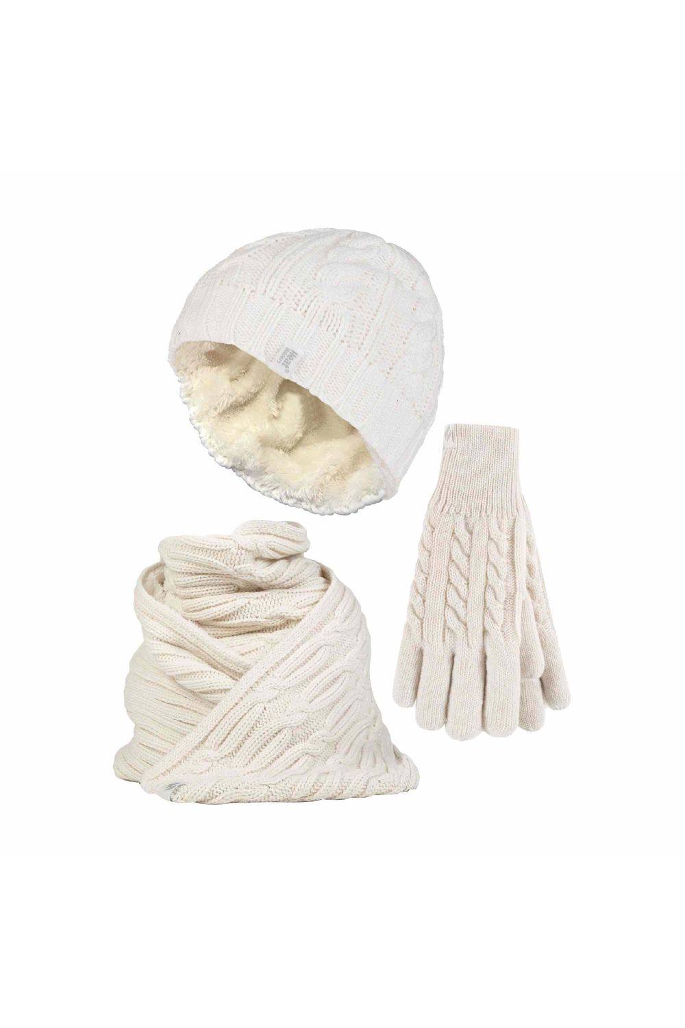 Heat Holders Knitted Thermal Hat Scarf & Gloves Set For Cold Weather In Cream Heat Holders Knitted Thermal Hat Scarf & Gloves Set For Cold Weather In Cream