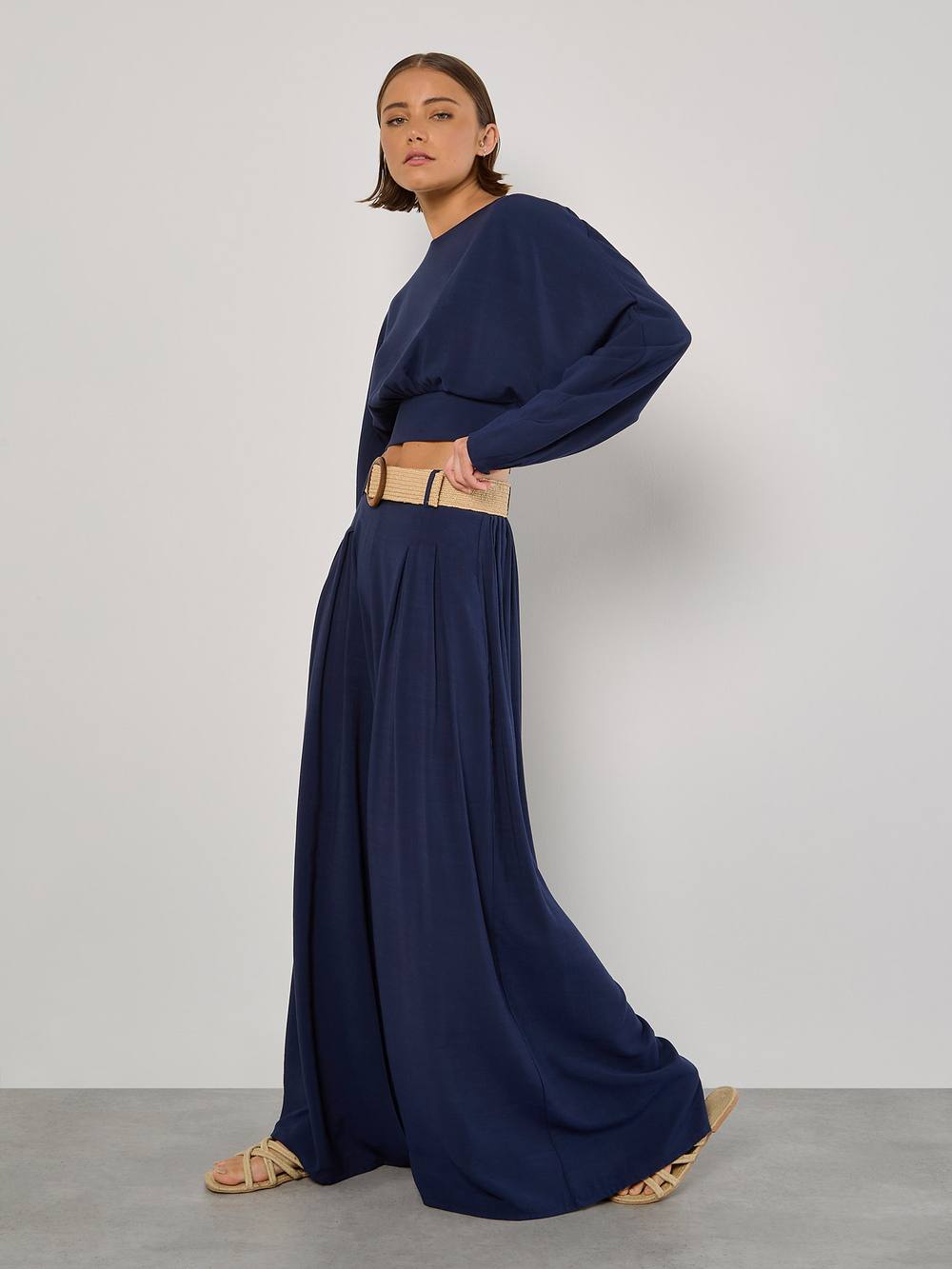 Apricot Pleated Palazzo Trousers With Belt In Navy Apricot Pleated Palazzo Trousers With Belt In Navy