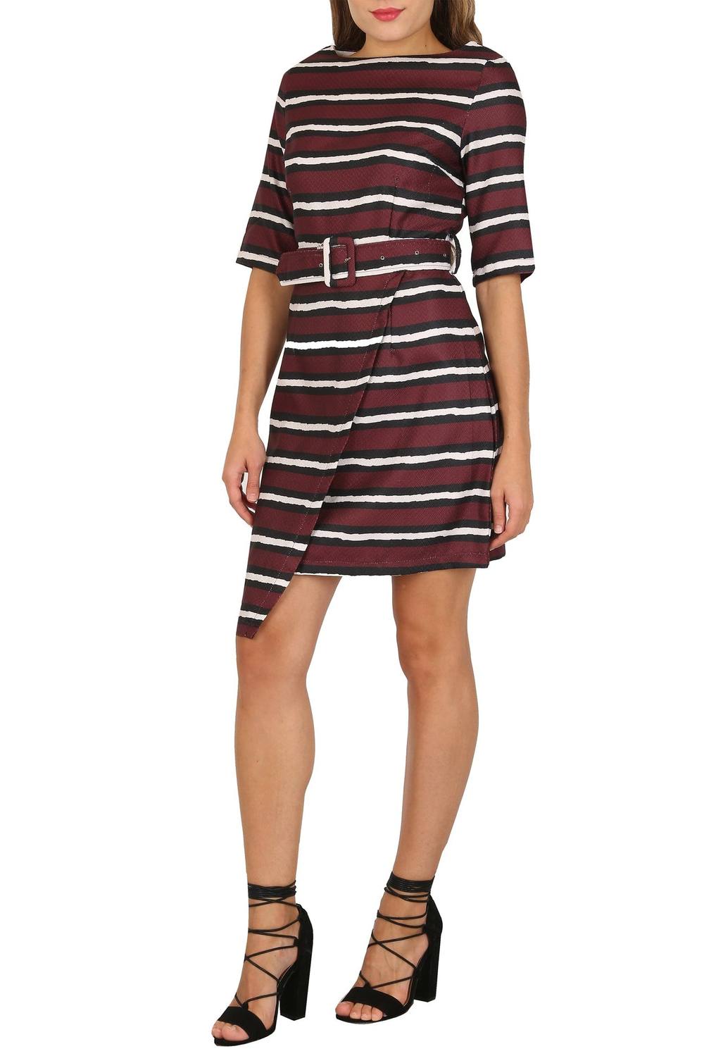 Cutie London Striped Faux Wrap Mini Dress With Belt In Burgundy Cutie London Striped Faux Wrap Mini Dress With Belt In Burgundy