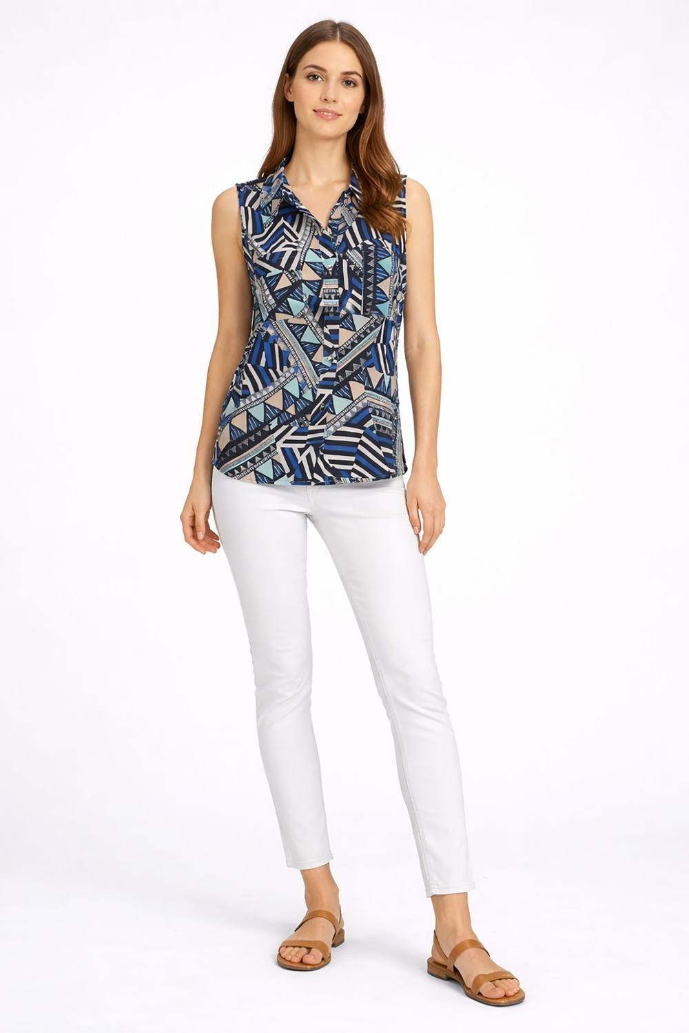 Cutie London Geometric Print Sleeveless Shirt With Collar In Navy Cutie London Geometric Print Sleeveless Shirt With Collar In Navy