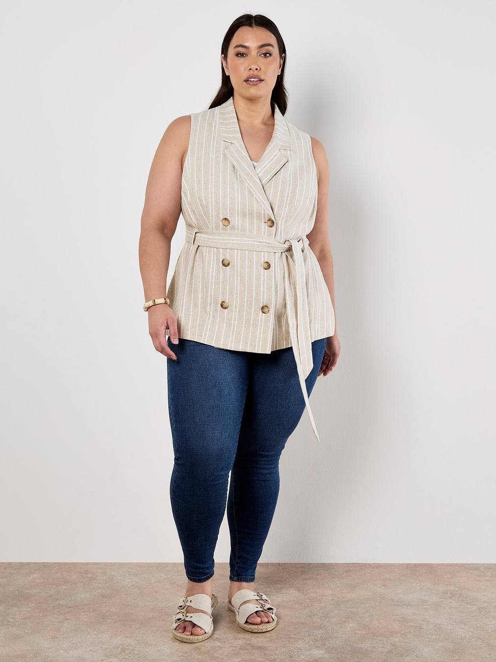 Apricot Curve Stripe Linen Blend Waistcoat In Stone Apricot Curve Stripe Linen Blend Waistcoat In Stone