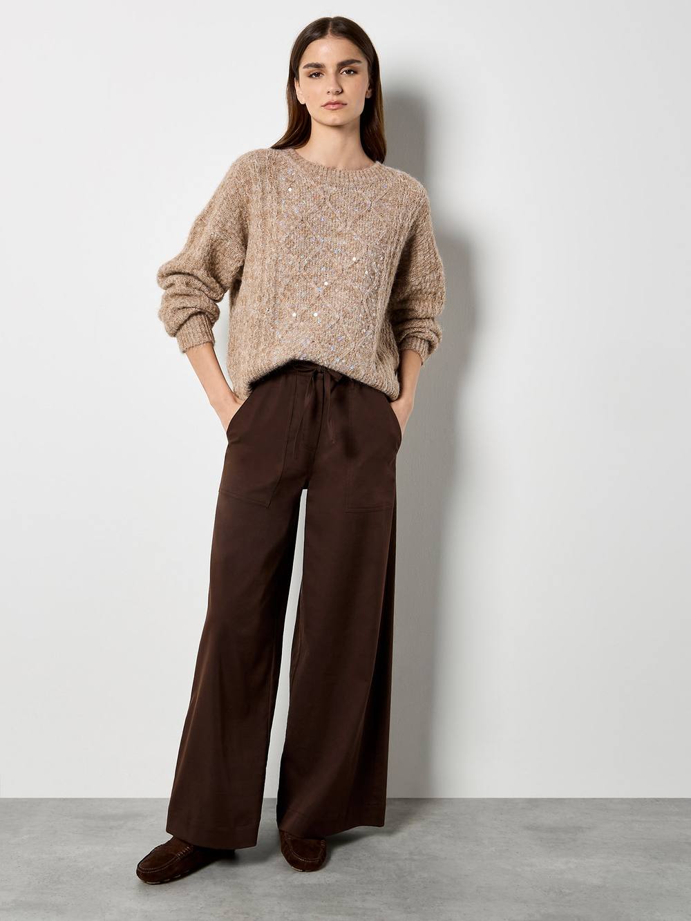 Apricot Iridescent Sequin Cable Knit Jumper In Light Brown Apricot Iridescent Sequin Cable Knit Jumper In Light Brown