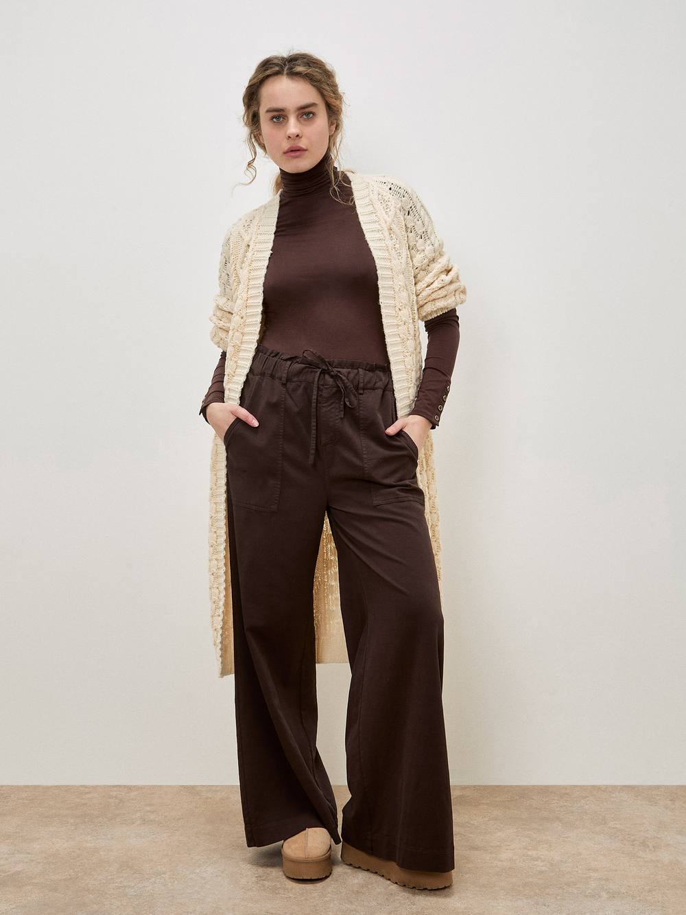 Apricot Paper Bag Waist Wide Leg Trousers In Brown Apricot Paper Bag Waist Wide Leg Trousers In Brown