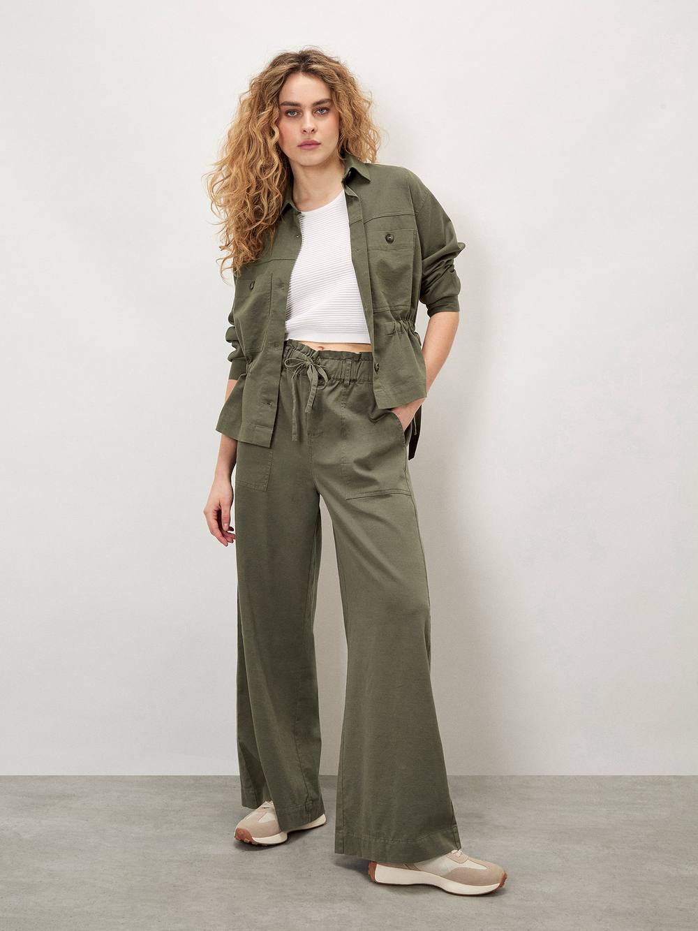 Apricot Paper Bag Waist Wide Leg Trousers In Khaki Apricot Paper Bag Waist Wide Leg Trousers In Khaki