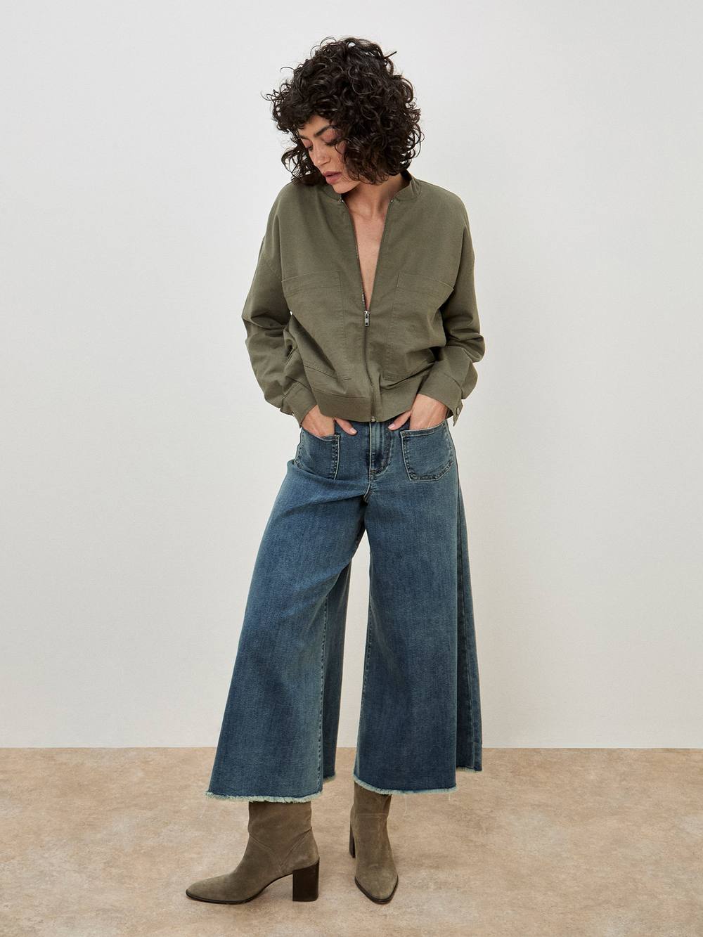 Apricot Lightweight Denim Bomber Jacket In Khaki