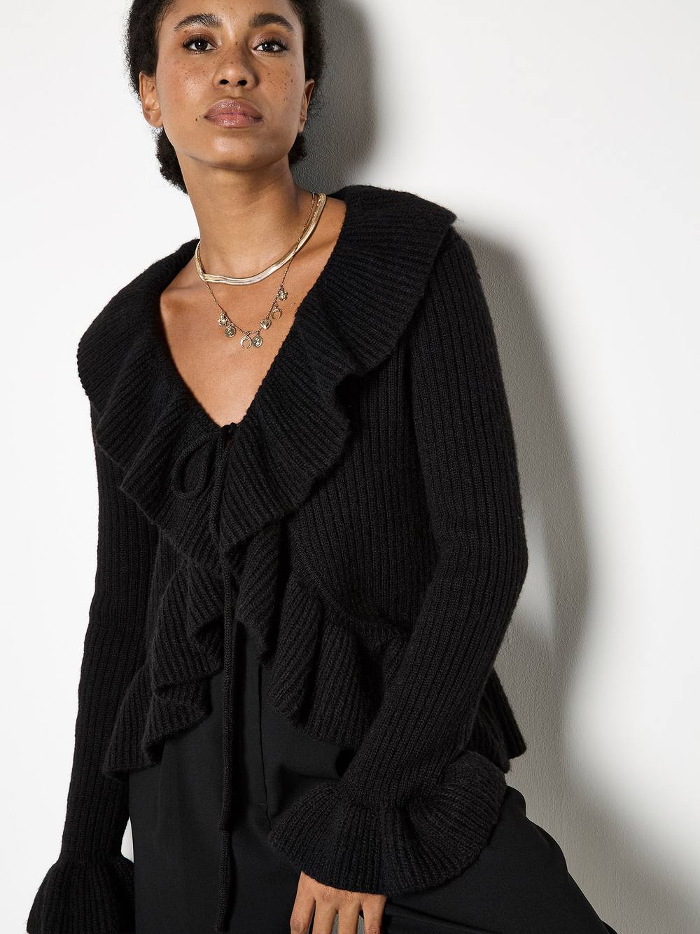 Apricot Ruffle Ribbed Knit Cardigan In Black Apricot Ruffle Ribbed Knit Cardigan In Black