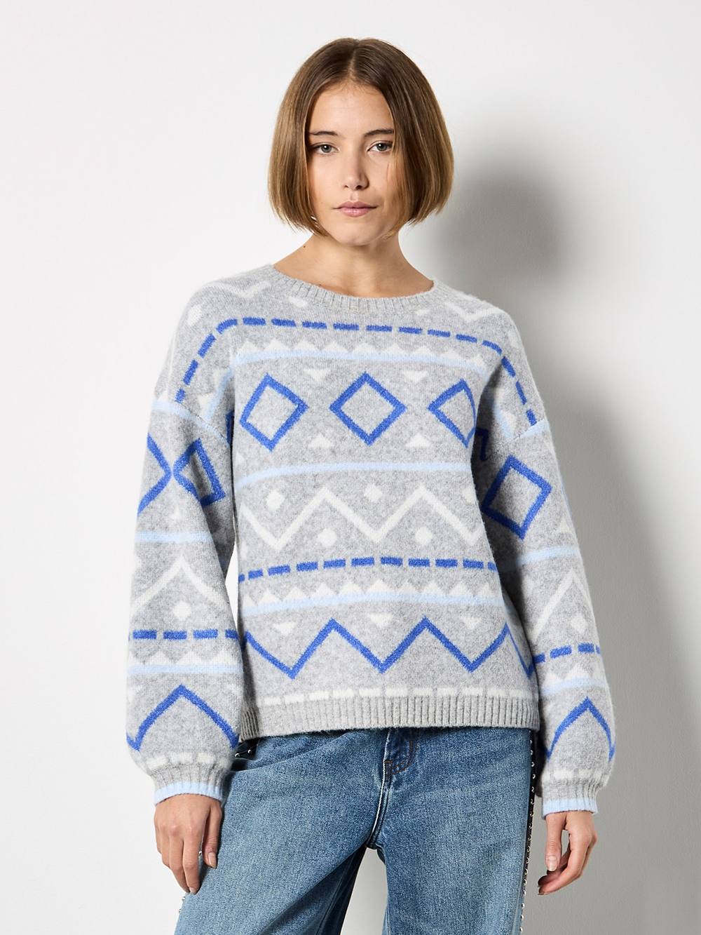 Apricot Chevron Geometric Retro Jumper In Grey