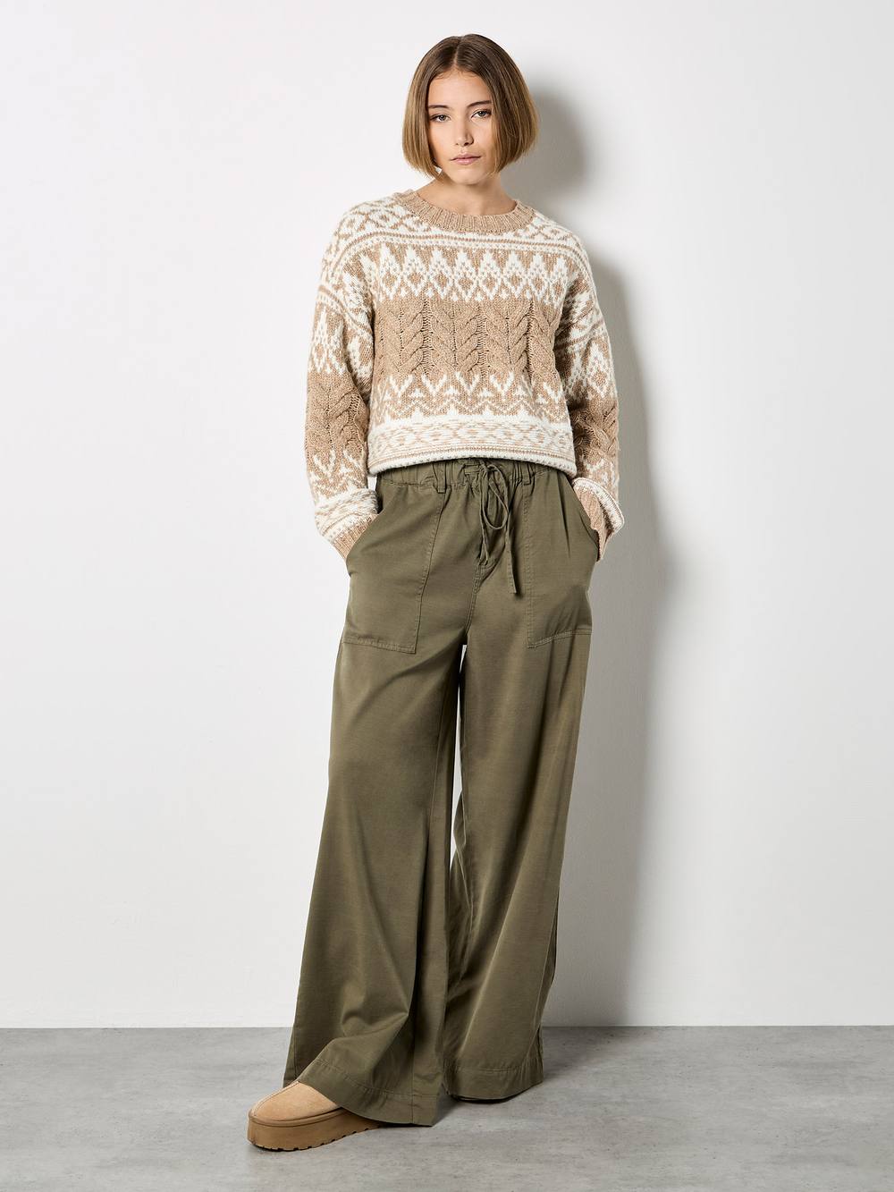 Apricot Fair Isle Cable Knit Jumper In Stone