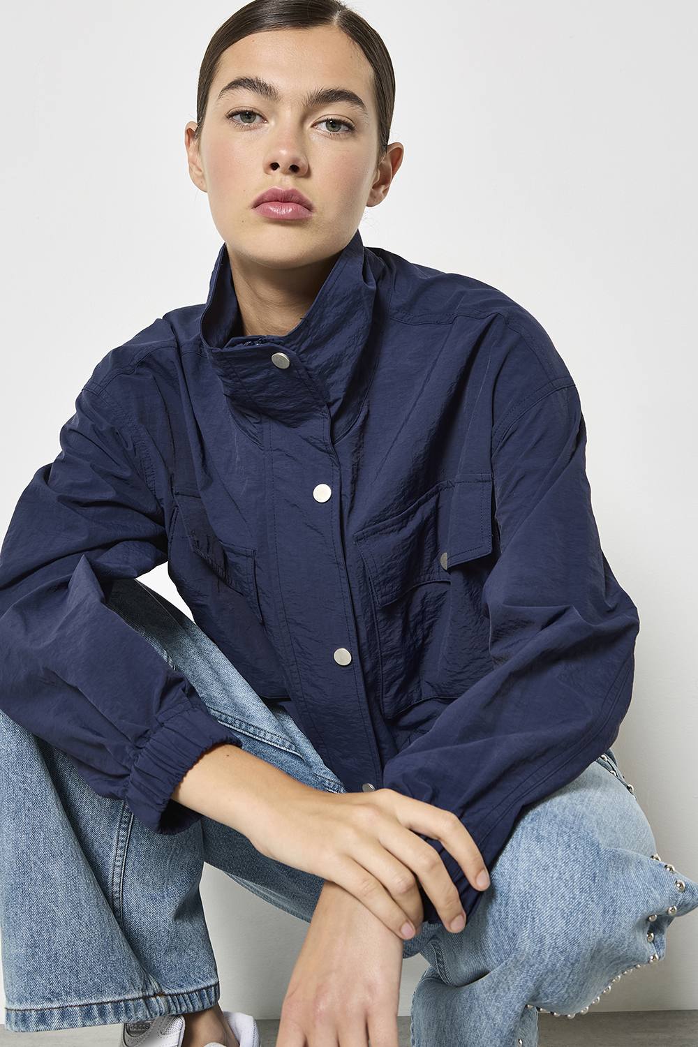 Apricot Funnel Neck Cropped Jacket In Navy Apricot Funnel Neck Cropped Jacket In Navy