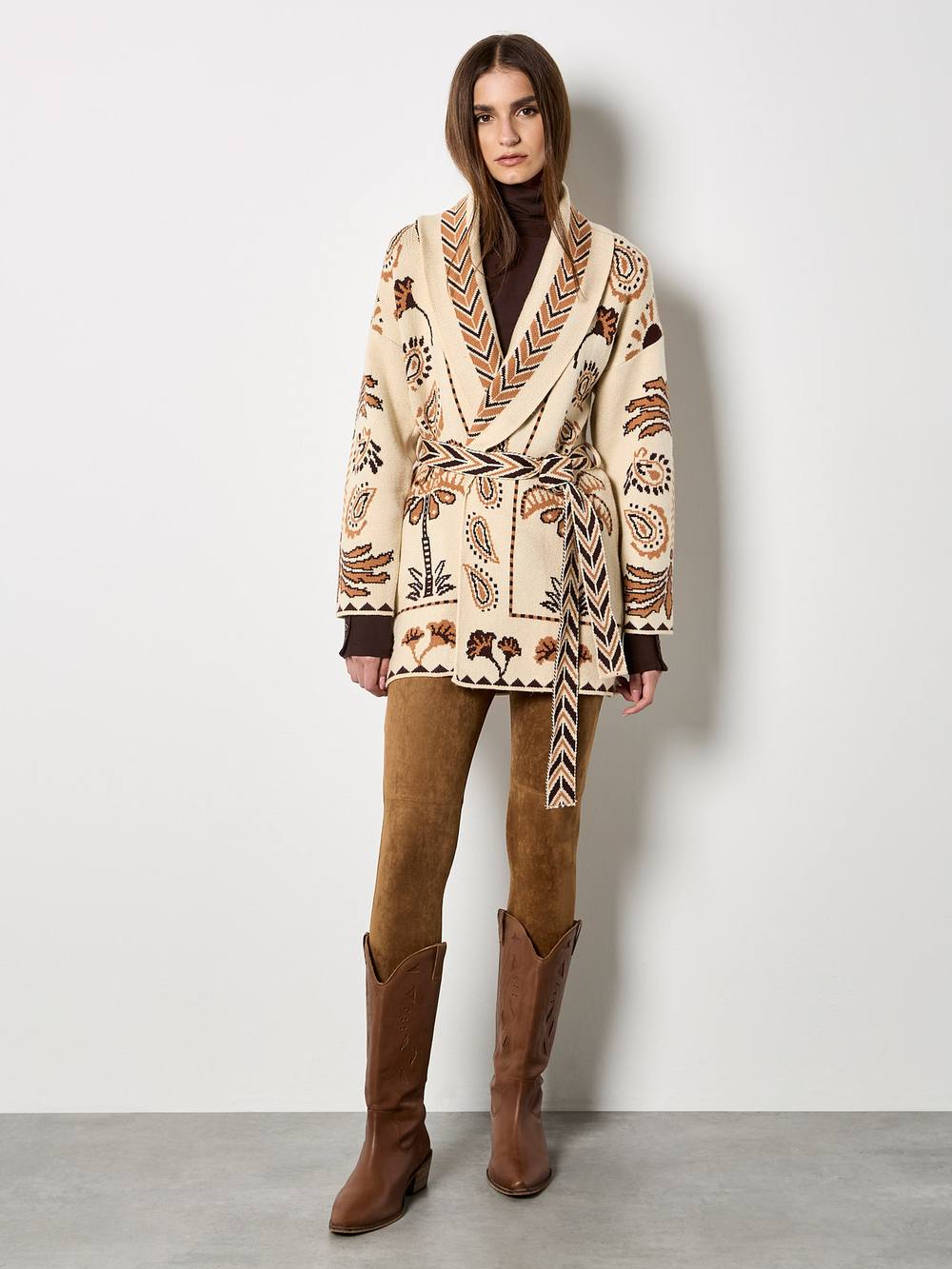 Apricot Chevron Palm Belted Cardigan In Stone Apricot Chevron Palm Belted Cardigan In Stone