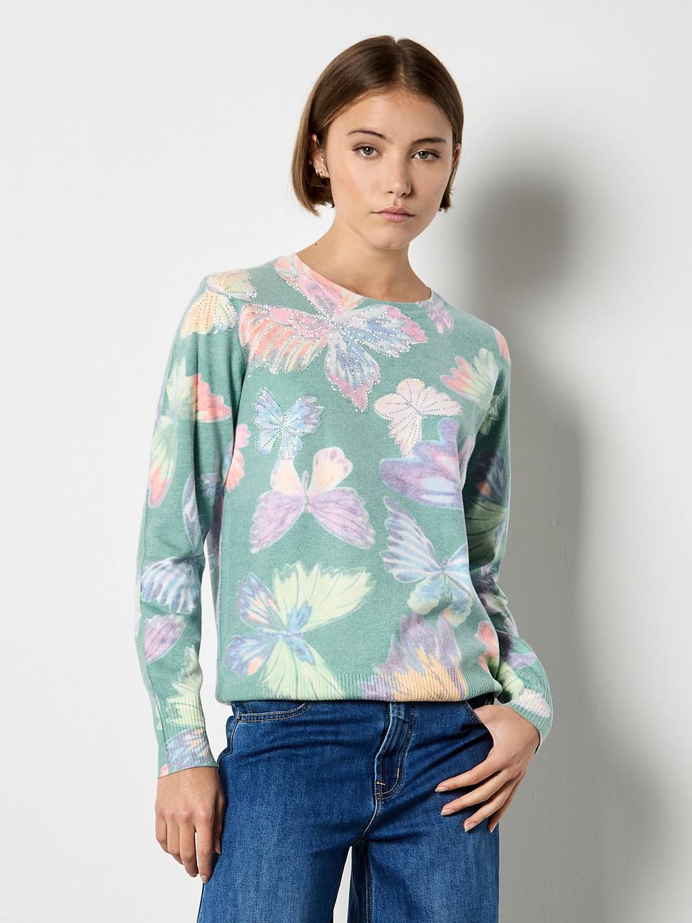 Apricot Butterfly Fine Knit Jumper In Green Apricot Butterfly Fine Knit Jumper In Green
