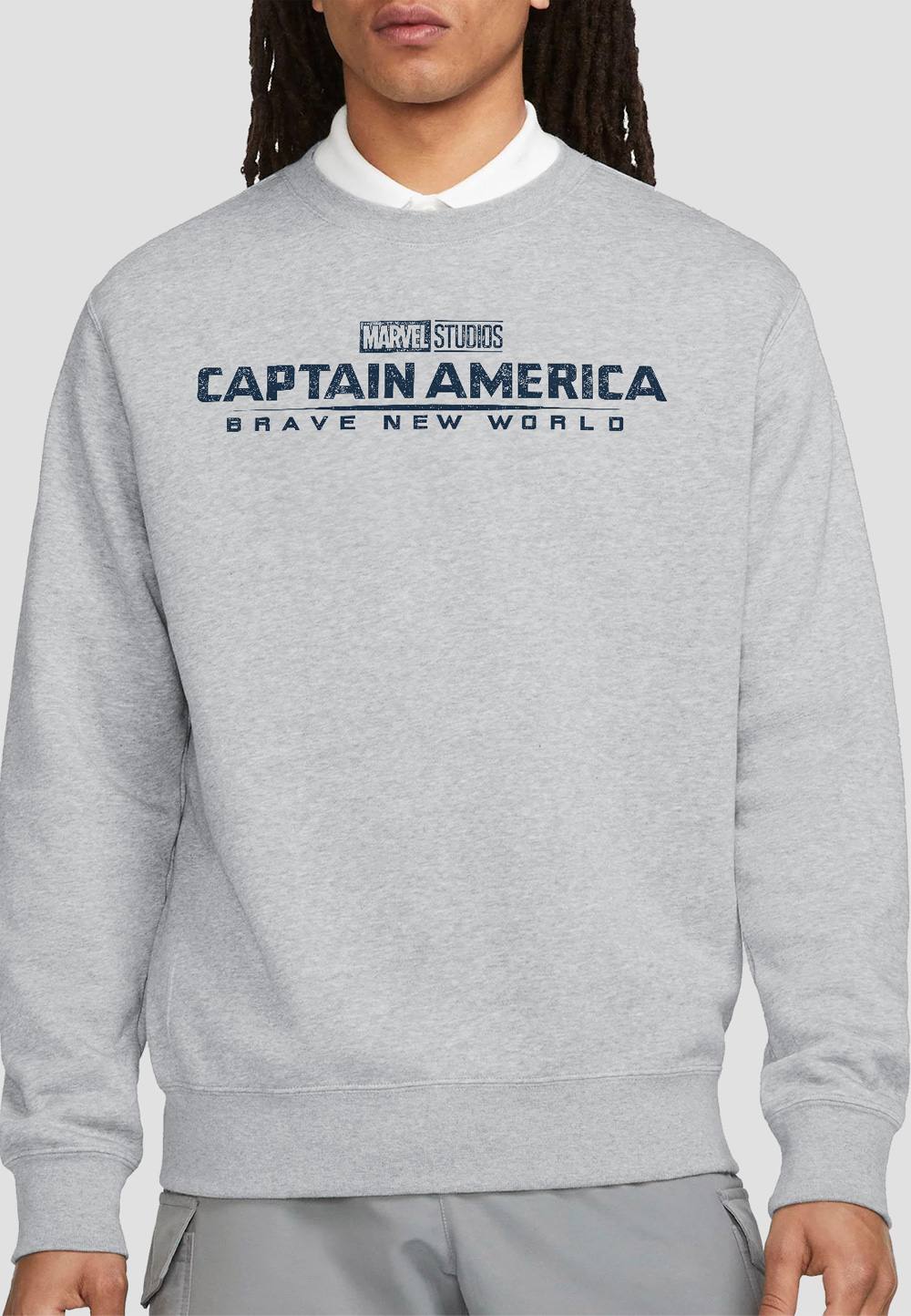 Marvel Captain America Brave New World Distressed Logo Sweatshirt, Athletic Heather In Light Grey Marvel Captain America Brave New World Distressed Logo Sweatshirt, Athletic Heather In Light Grey