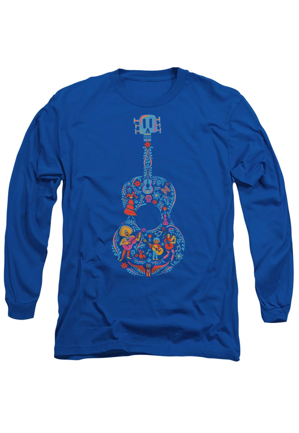Disney Coco Colorful Guitar With Ernesto, Miguel And Hector Long Sleeve Shirt, Royal Disney Coco Colorful Guitar With Ernesto, Miguel And Hector Long Sleeve Shirt, Royal
