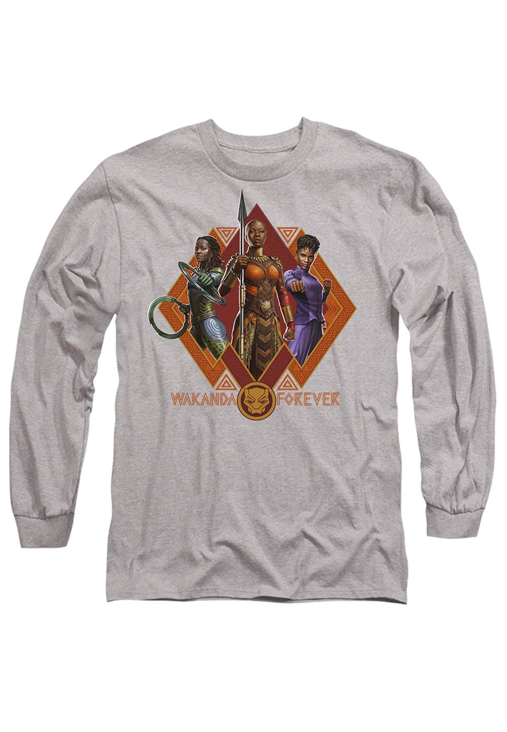 Marvel Black Panther: Wakanda Forever Shuri Okoye Nakia Long Sleeve Shirt, Athletic Heather In Light Grey Marvel Black Panther: Wakanda Forever Shuri Okoye Nakia Long Sleeve Shirt, Athletic Heather In Light Grey