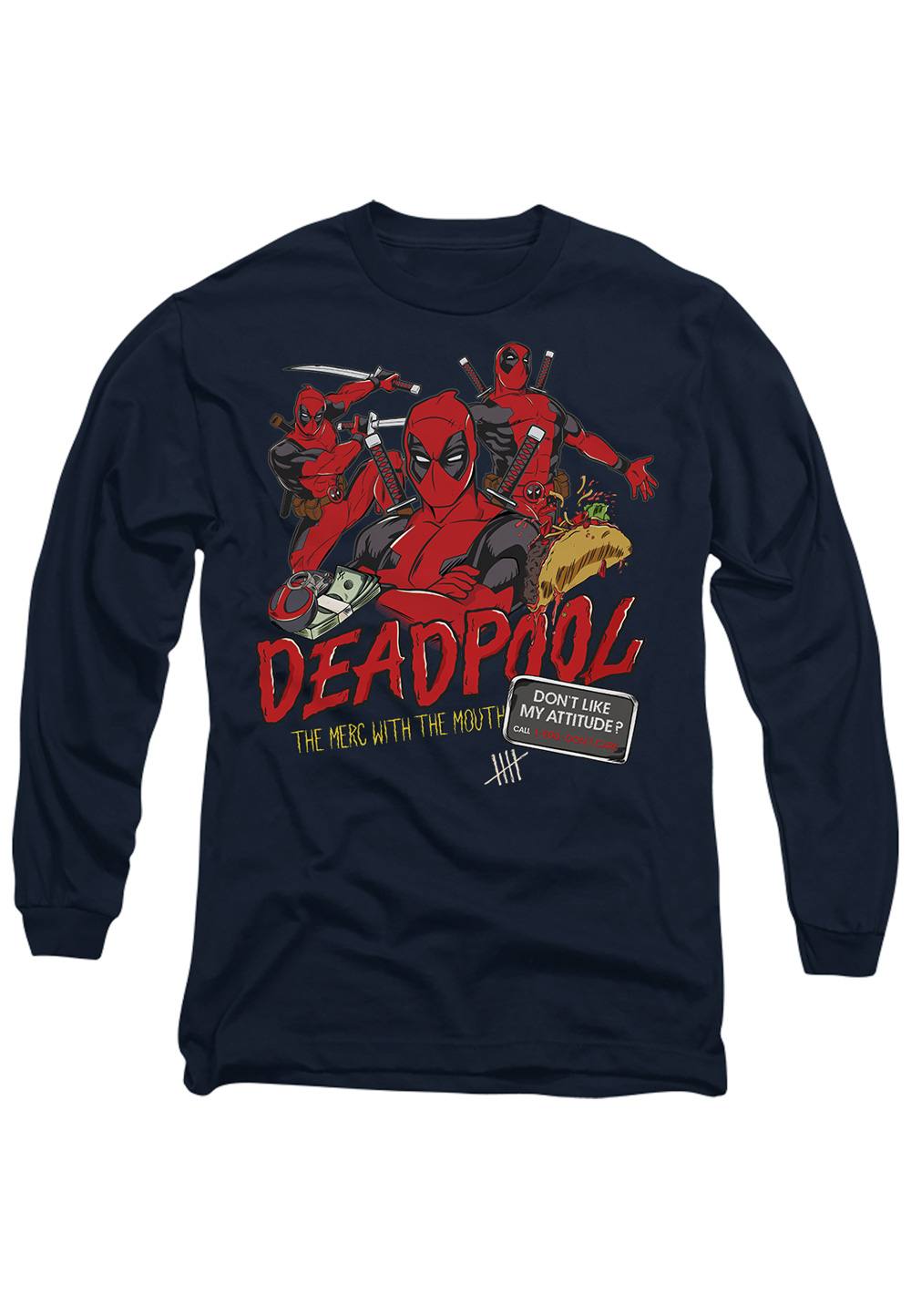 Marvel Deadpool Attitude Long Sleeve Shirt, Deep Navy Marvel Deadpool Attitude Long Sleeve Shirt, Deep Navy