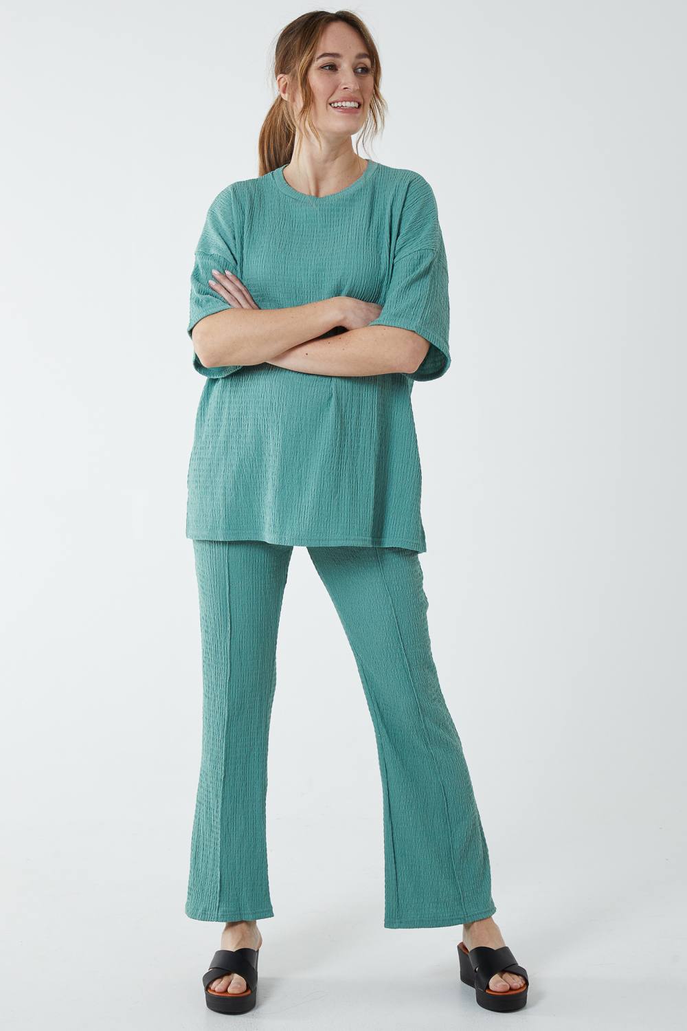 Blue Vanilla Waffle Trouser And Shirt Set In Green Blue Vanilla Waffle Trouser And Shirt Set In Green
