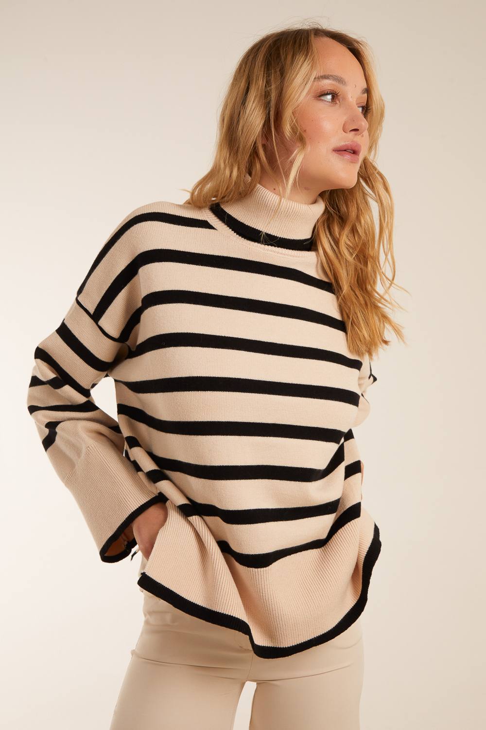 Blue Vanilla Wide Stripe Roll Neck Jumper In Stone Blue Vanilla Wide Stripe Roll Neck Jumper In Stone