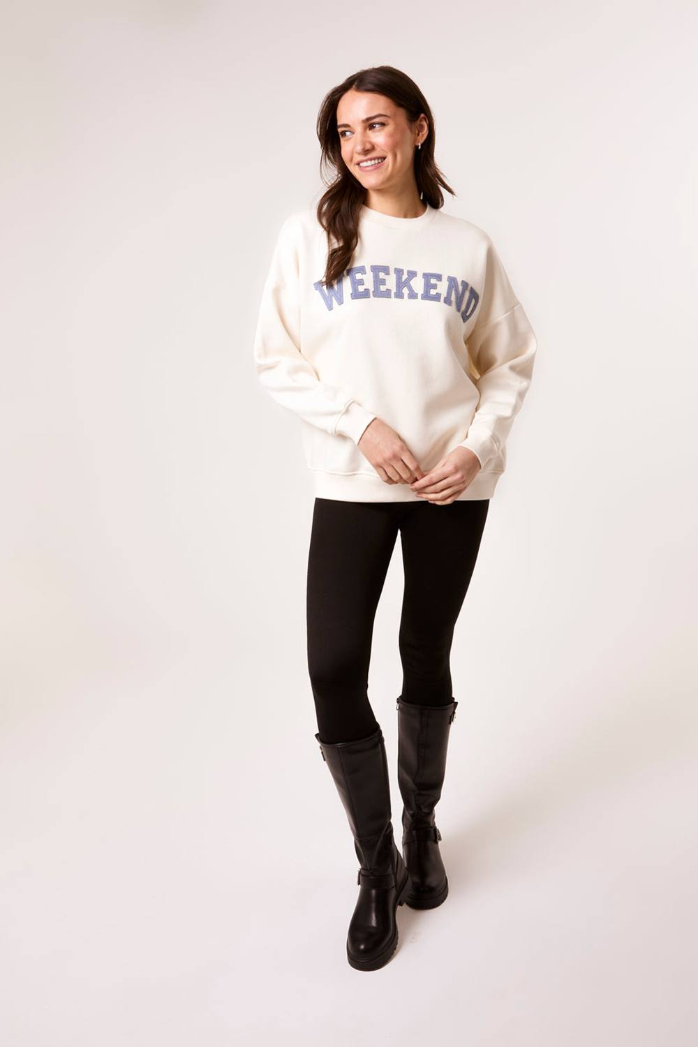 Blue Vanilla Ivory Weekend Denim Applique Sweatshirt Blue Vanilla Ivory Weekend Denim Applique Sweatshirt