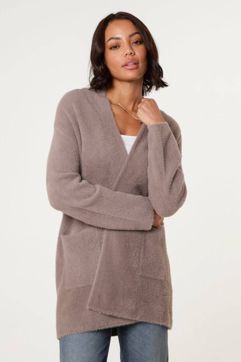 Blue Vanilla Light Brown Fluffy Fleece Open Midi Cardigan Blue Vanilla Light Brown Fluffy Fleece Open Midi Cardigan
