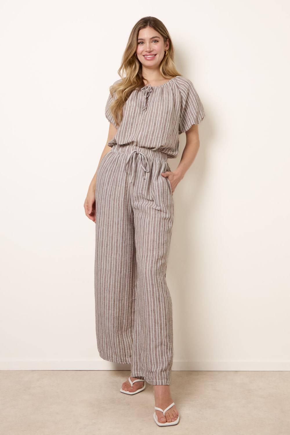 Blue Vanilla Brown Tie Waist Stripe Wide Leg Trousers Blue Vanilla Brown Tie Waist Stripe Wide Leg Trousers