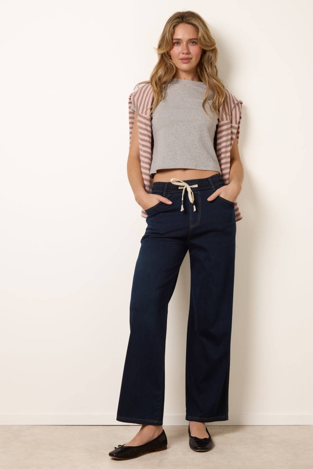 Blue Vanilla Navy Herringbone Tie Up Stretch Trousers Blue Vanilla Navy Herringbone Tie Up Stretch Trousers