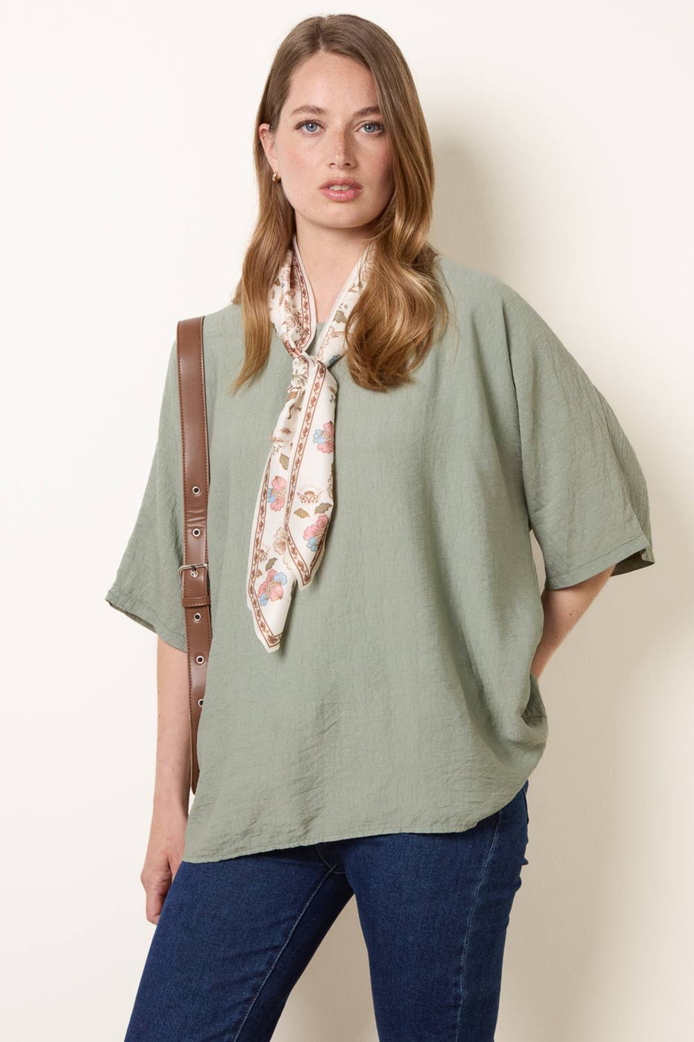 Blue Vanilla Khaki Scarf Viscose Top Blue Vanilla Khaki Scarf Viscose Top