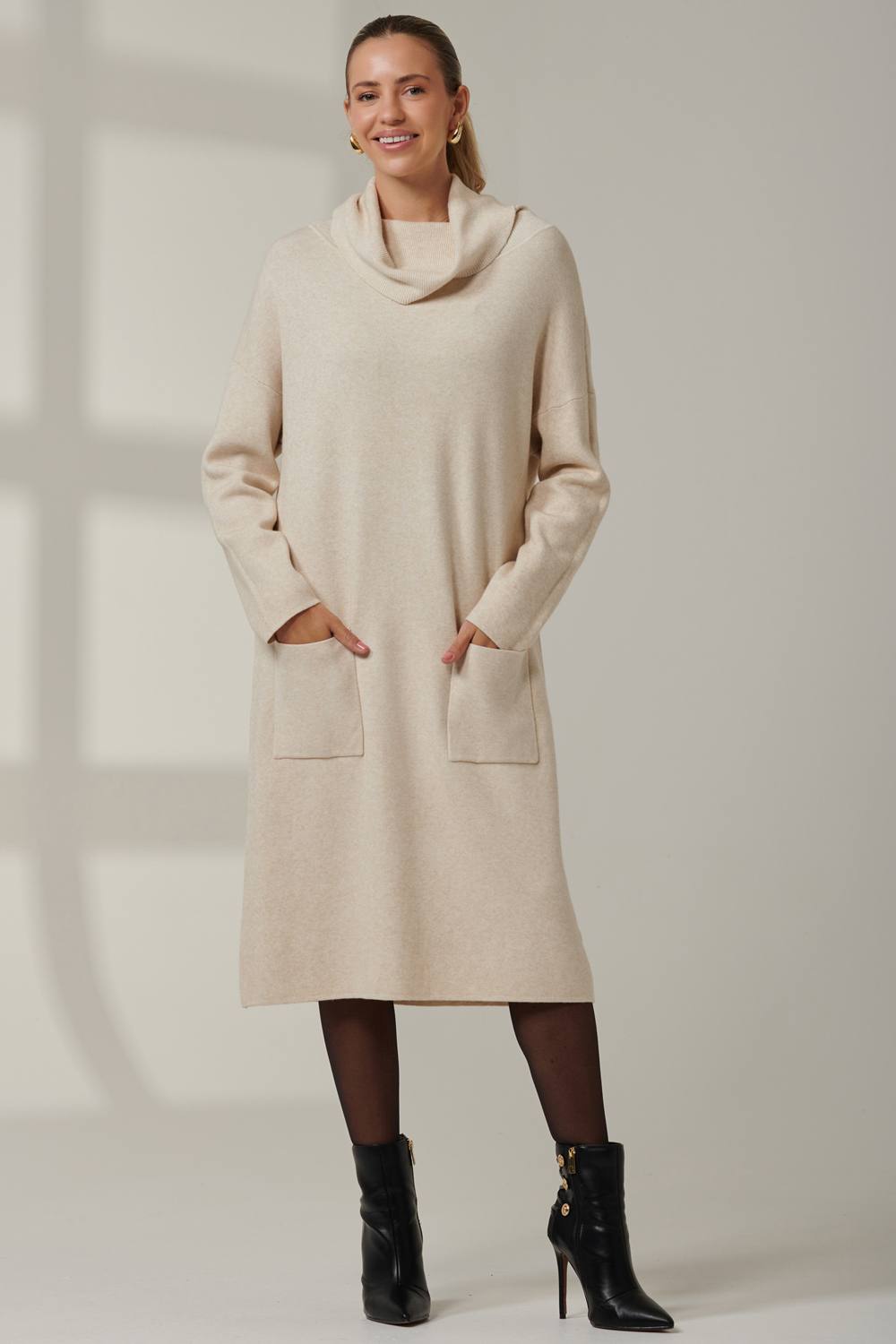 Jolie Moi Knitted Turtleneck Longline Jumper In Beige Jolie Moi Knitted Turtleneck Longline Jumper In Beige