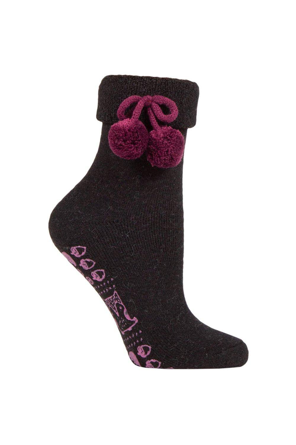 Elle Pair Wool Mix Slipper Socks With Pompoms In Black Elle Pair Wool Mix Slipper Socks With Pompoms In Black