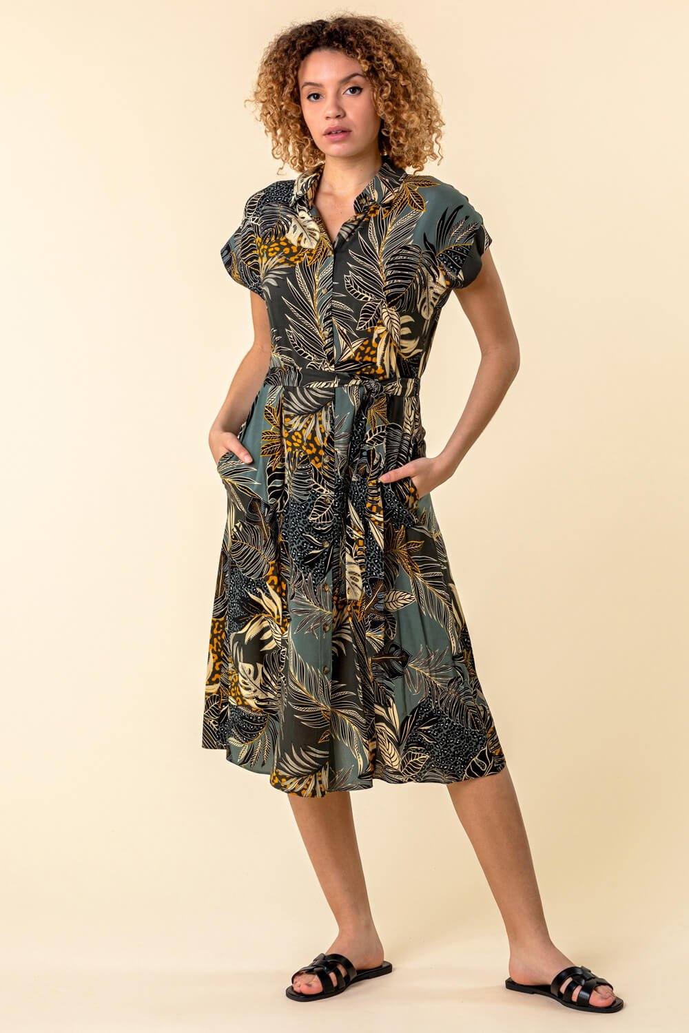 Roman Tropical Leaf Print Shirt Dress In Green Roman Tropical Leaf Print Shirt Dress In Green