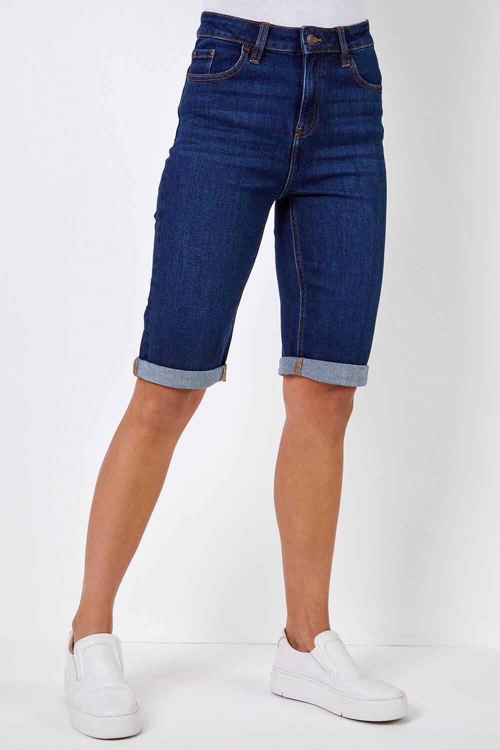 Roman Essential Stretch Knee Length Shorts In Indigo Roman Essential Stretch Knee Length Shorts In Indigo