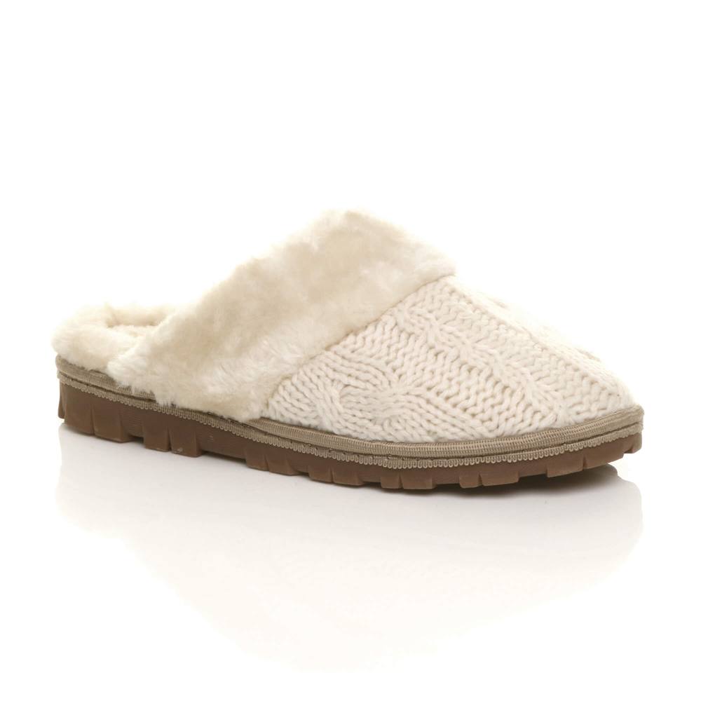Ajvani Flat Heel Mule Glitter Cable Knit Slippers In Beige Ajvani Flat Heel Mule Glitter Cable Knit Slippers In Beige
