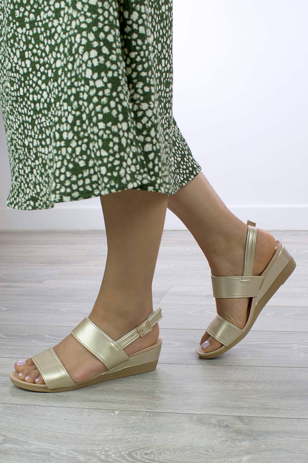 Ajvani Low Wedge Heel Slingback Sandals In Gold Ajvani Low Wedge Heel Slingback Sandals In Gold