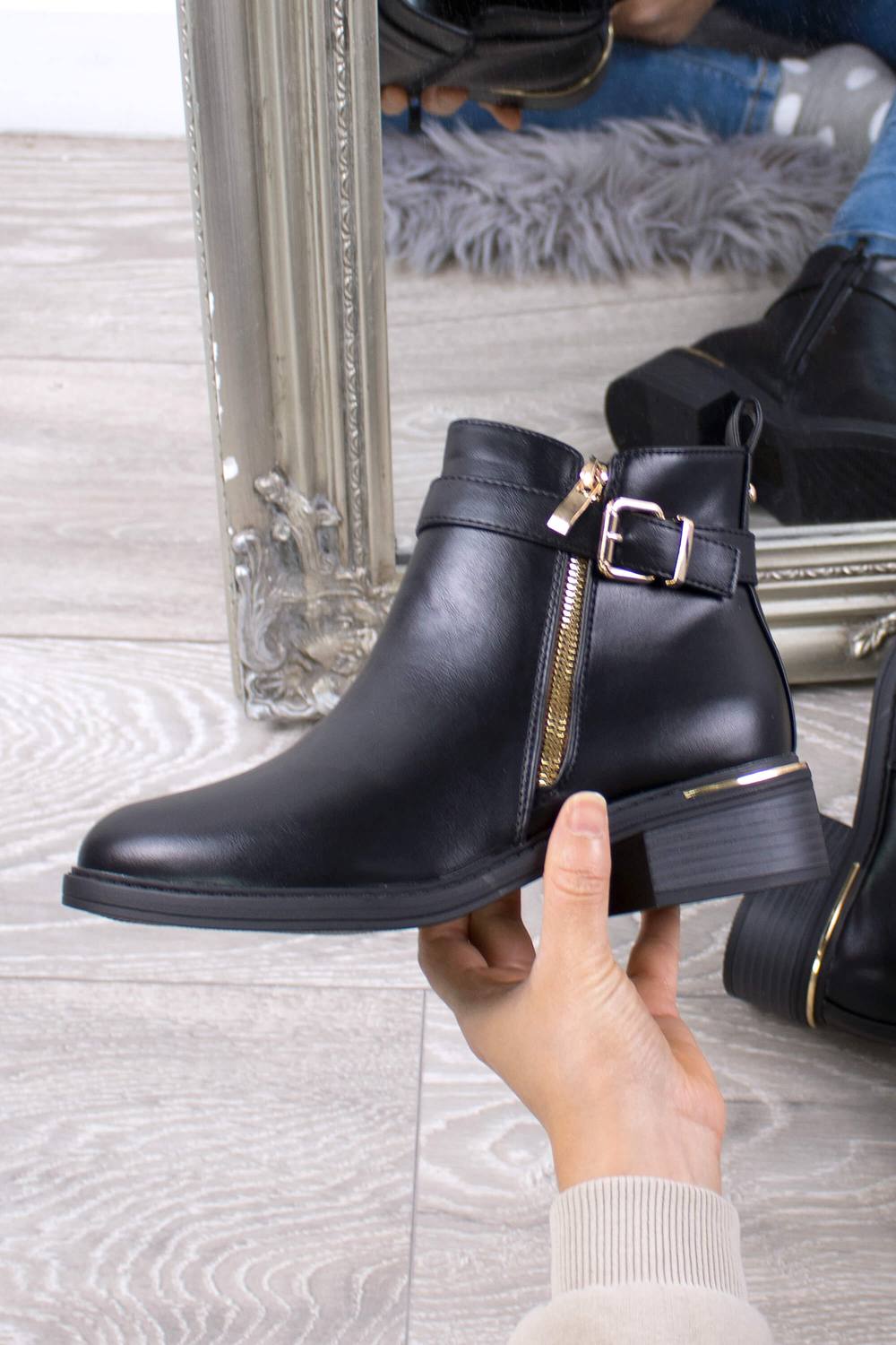 Ajvani Low Heel Gold Zip Straps Ankle Boots In Black Ajvani Low Heel Gold Zip Straps Ankle Boots In Black