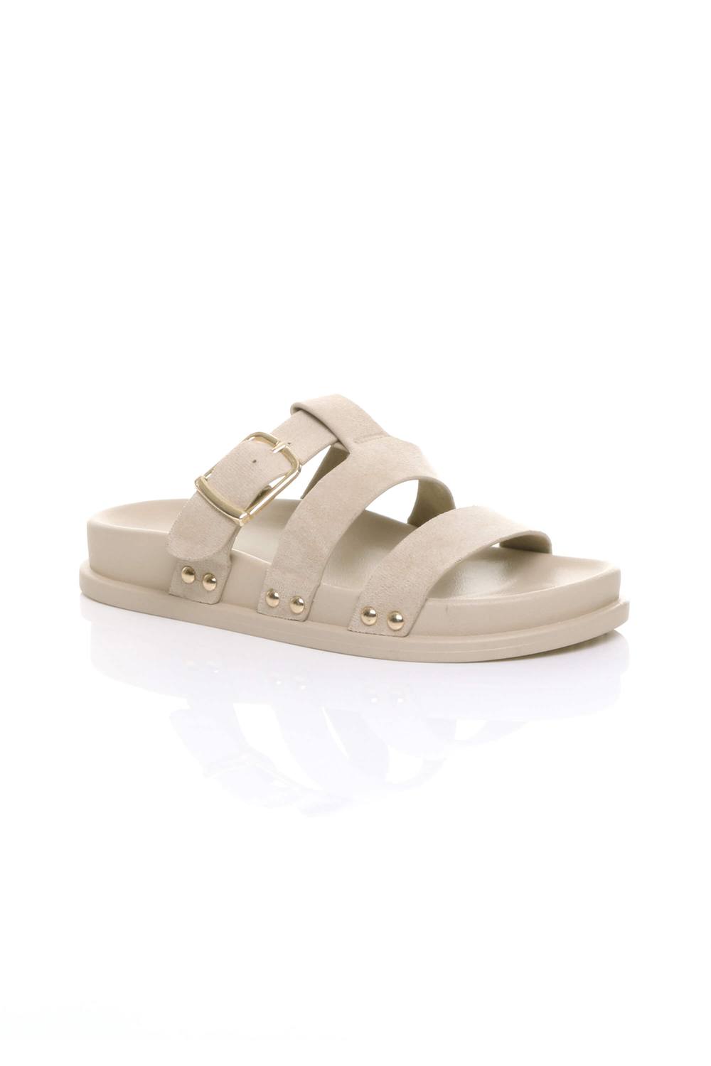 Ajvani Flat Wedge Heel Flatform Buckle Bar Strappy Slides Footbed Sandals In Beige Ajvani Flat Wedge Heel Flatform Buckle Bar Strappy Slides Footbed Sandals In Beige