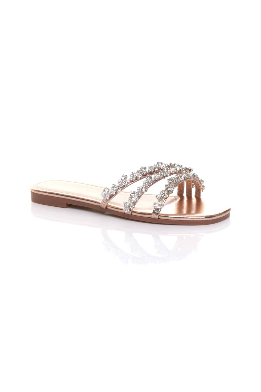 Ajvani Flat Heel Diamante Sandals Flip Flops Sliders In Rose Gold Ajvani Flat Heel Diamante Sandals Flip Flops Sliders In Rose Gold