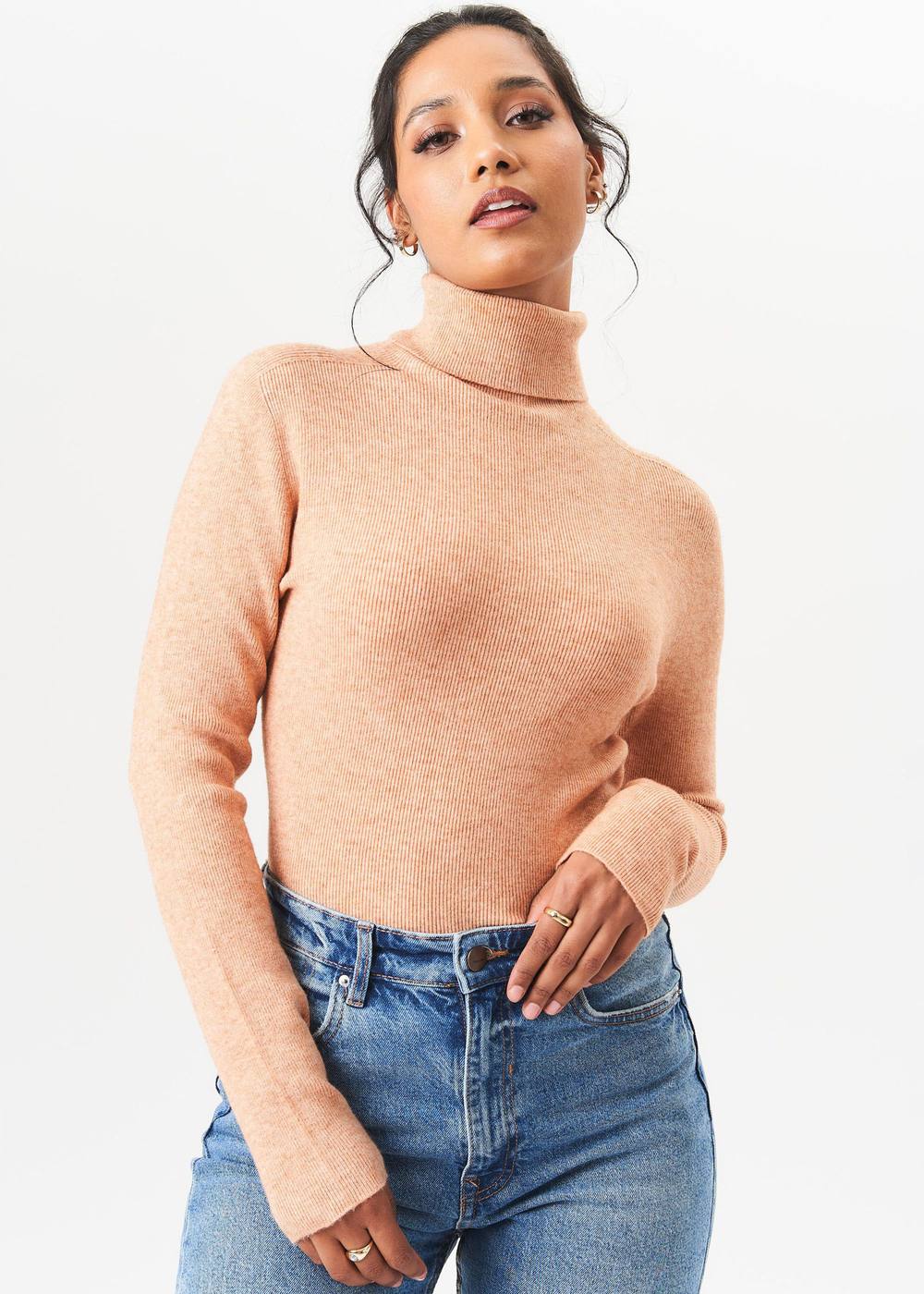 Gini London Mocha High Neck Fine Knit Jumper In Light Brown Gini London Mocha High Neck Fine Knit Jumper In Light Brown