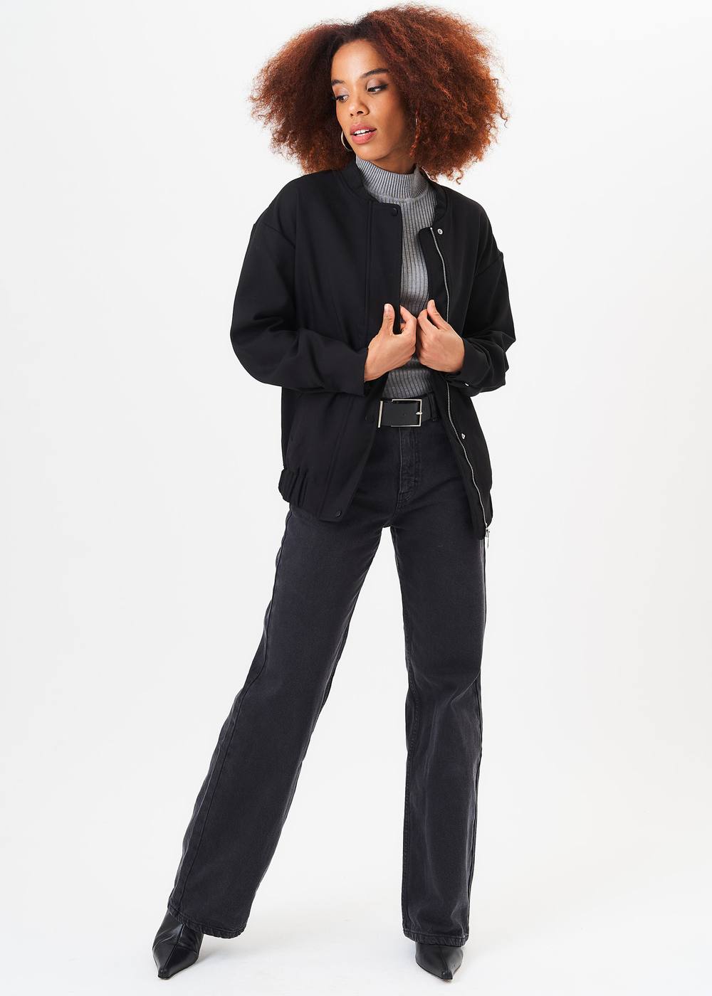 Gini London Black Zip Up Oversized Bomber Jacket Gini London Black Zip Up Oversized Bomber Jacket