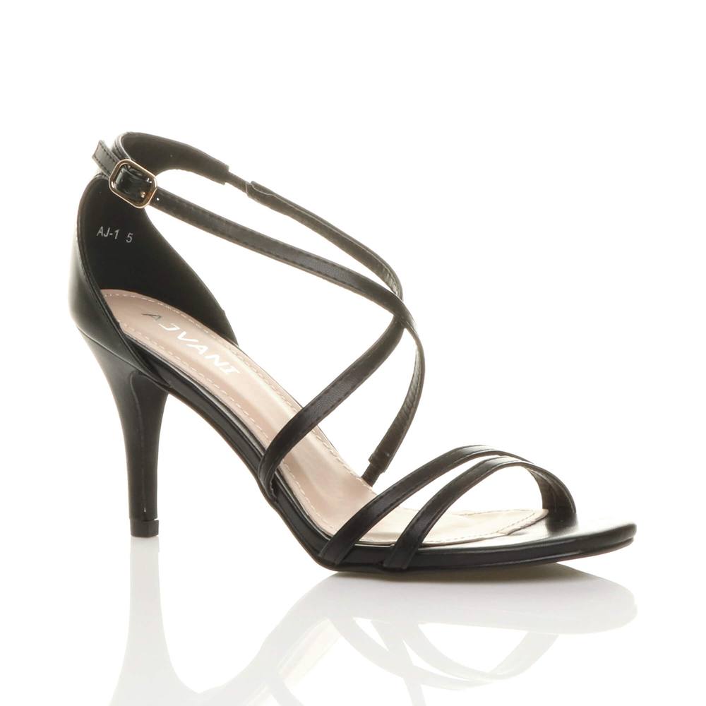 Ajvani High Heel Crossed Straps Buckle Faux Leather Heeled Sandals In Black Ajvani High Heel Crossed Straps Buckle Faux Leather Heeled Sandals In Black