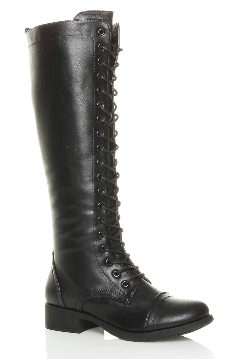 Ajvani Low Heel Lace Up Calf Zip Faux Leather Biker Boots In Black Ajvani Low Heel Lace Up Calf Zip Faux Leather Biker Boots In Black