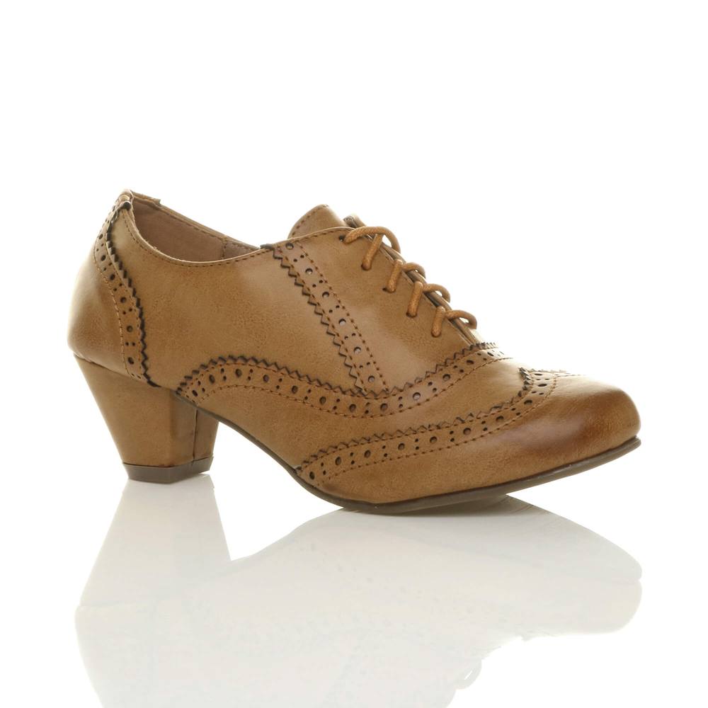 Ajvani Mid Cuban Heel Brogue Faux Leather Ankle Boots In Tan Ajvani Mid Cuban Heel Brogue Faux Leather Ankle Boots In Tan