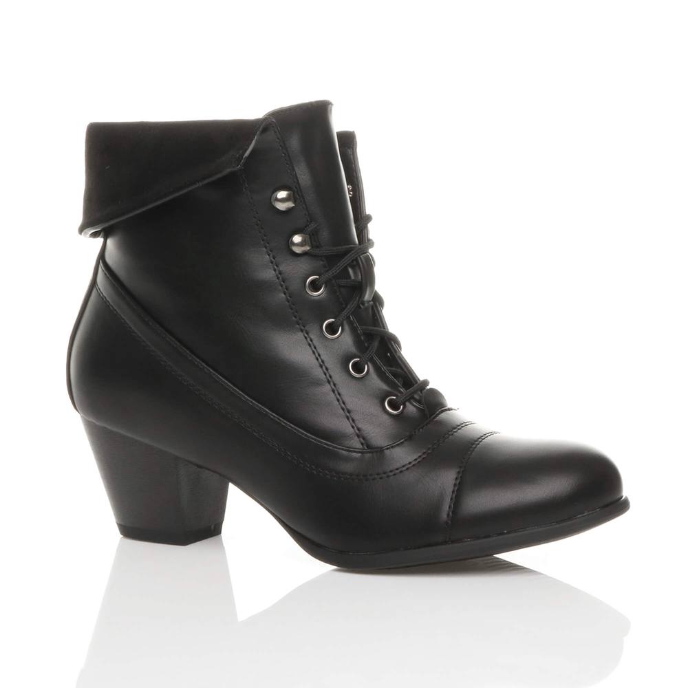 Ajvani Mid Cuban Heel Pixie Lace Up Granny Ankle Boots In Black Ajvani Mid Cuban Heel Pixie Lace Up Granny Ankle Boots In Black