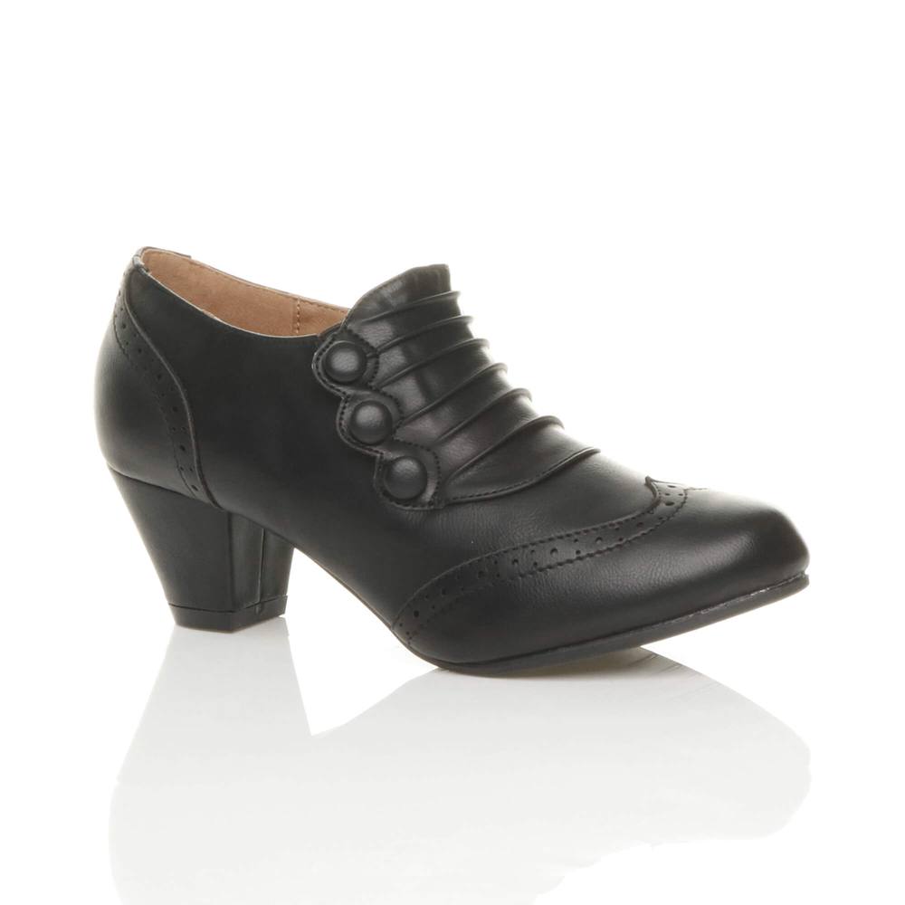 Ajvani Mid Cuban Heel Brogue Button Faux Leather Ankle Boots In Black