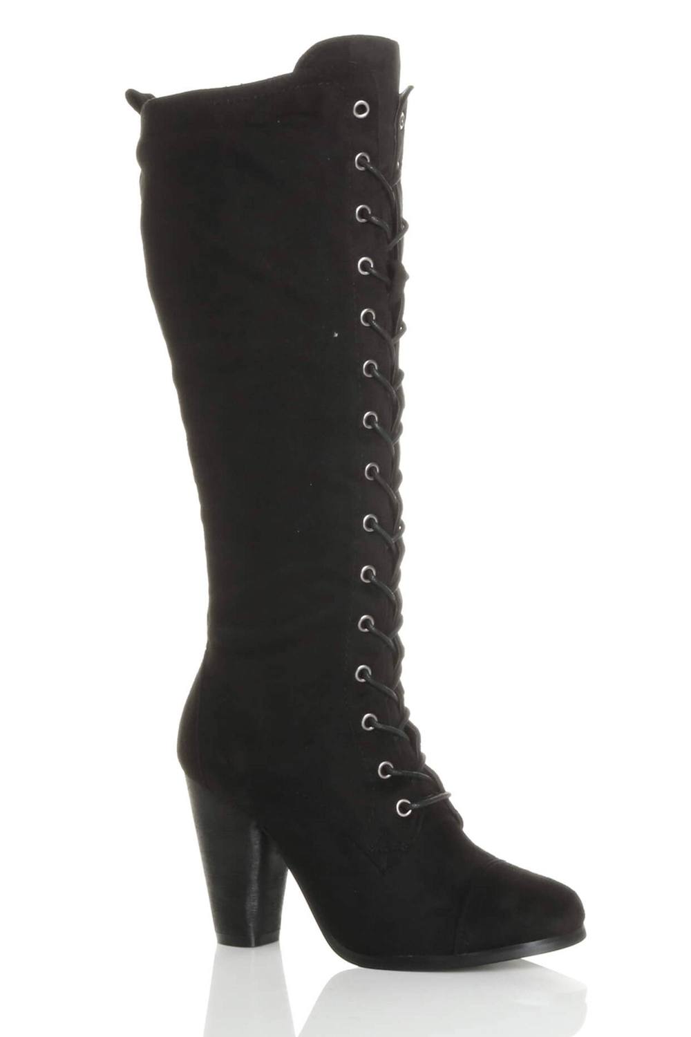 Ajvani High Block Heel Lace Up Victorian Style Faux Suede Knee High Boots In Black Ajvani High Block Heel Lace Up Victorian Style Faux Suede Knee High Boots In Black