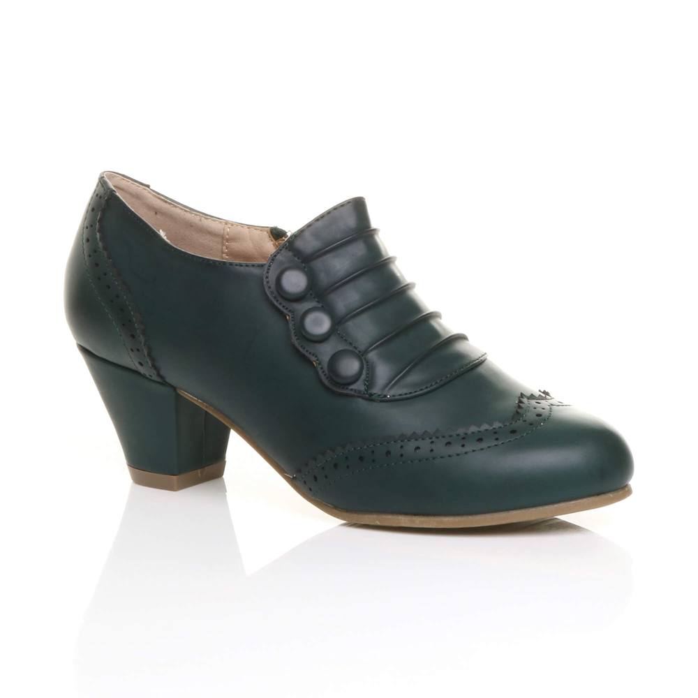 Ajvani Mid Cuban Heel Brogue Button Faux Leather Ankle Boots In Teal