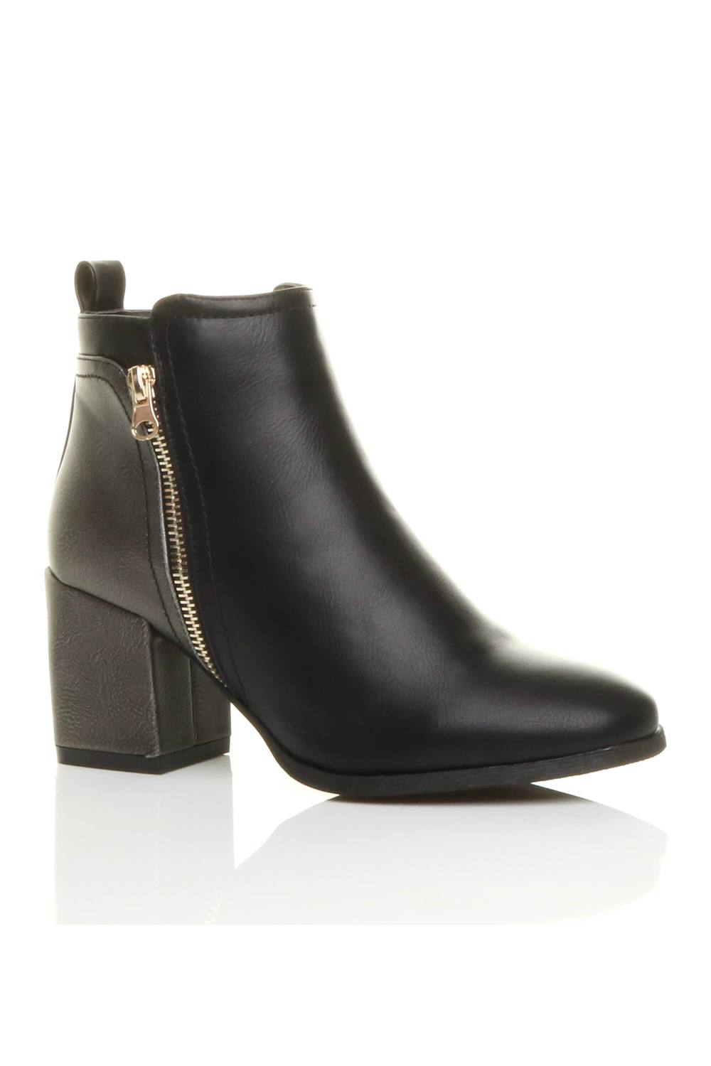 Ajvani High Block Heel Gold Zip Ankle Boots In Black