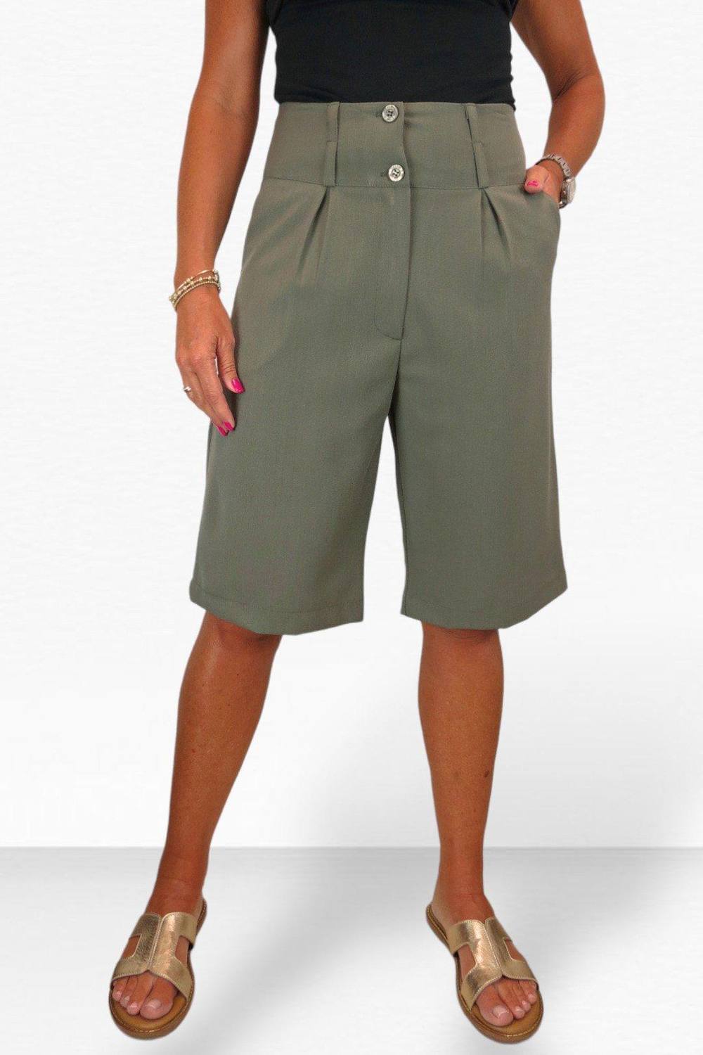Paulo Due Tailored Wide Leg Knee Shorts In Olive Paulo Due Tailored Wide Leg Knee Shorts In Olive